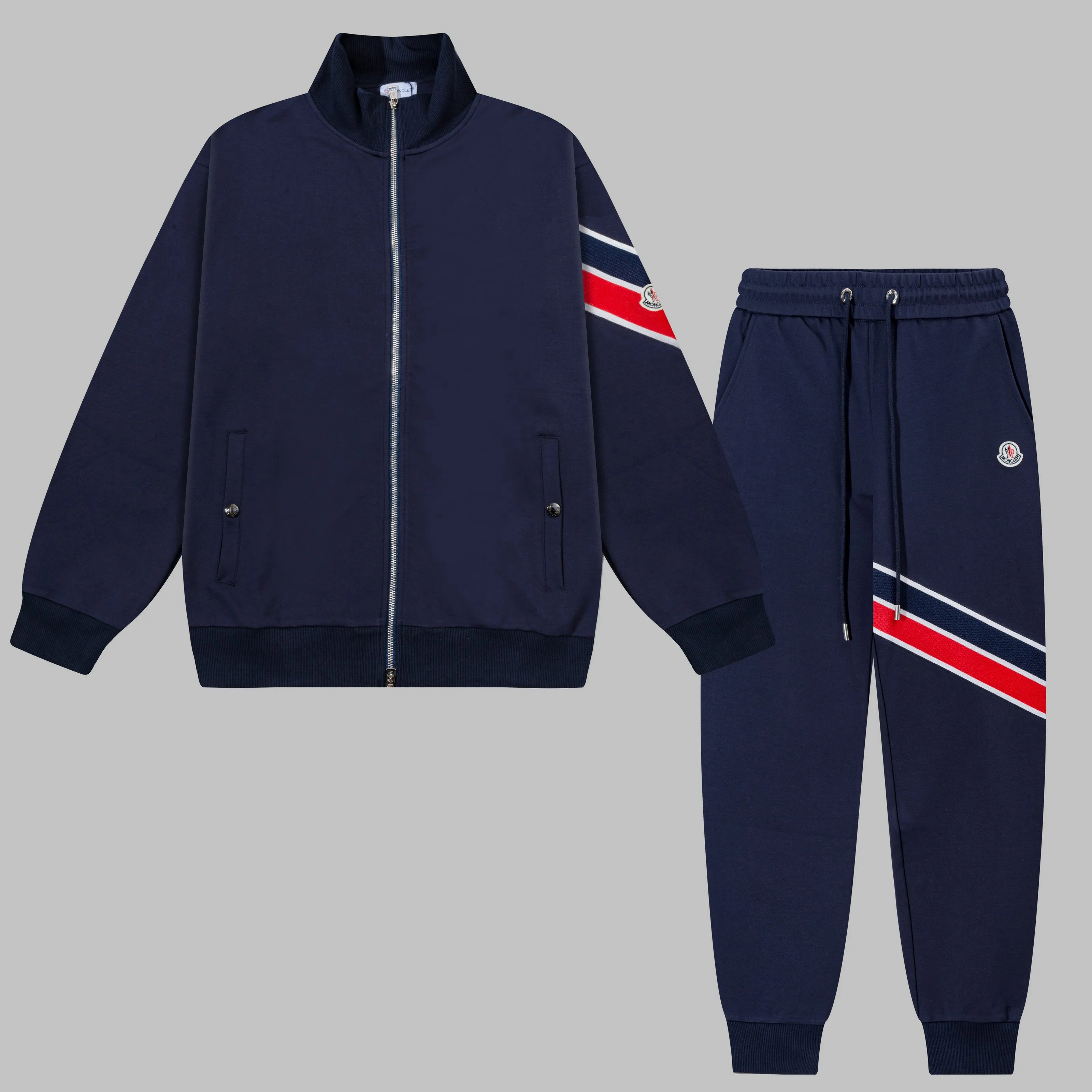 P270 MONCLER/Muzzle Custom fabric suit casual sweatpants Red and blue ribbon splicing design brand Zhangzi LOGO process Official synchronization High version High quality Fashion personality Versatile trend Pure original quality Original fabric Hang tag Collar label Washed wheat Complete three standards Color: blue. Gray. Size: S-2XL
