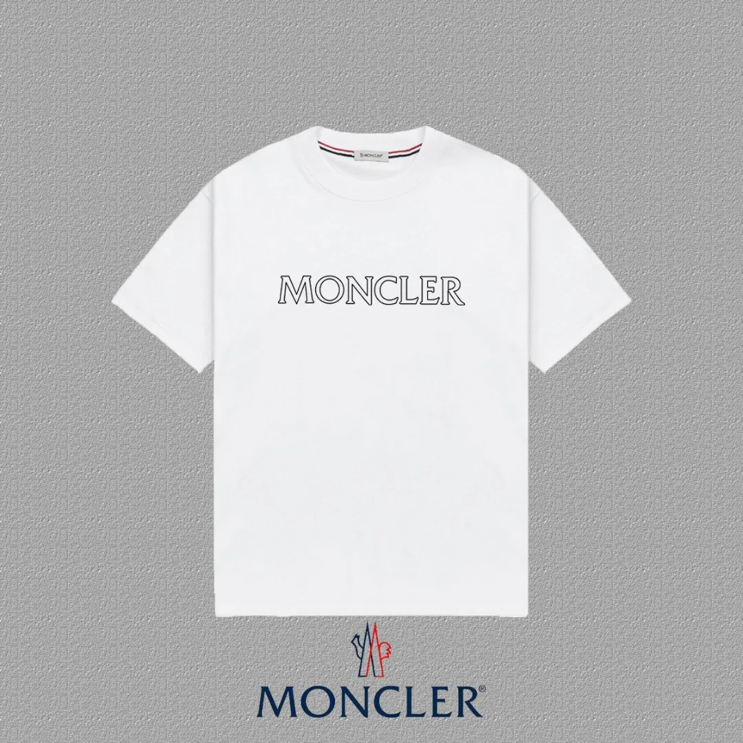 P140 [MONCLER] 2025FW short-sleeved T-shirt, LOGO printing, high-end 26s double yarn 300g fabric, heavy fabric, custom stretcher rib, same vat and dye, three standard complete, same style for men and women, color: black, white, size: S M L XL 2XL