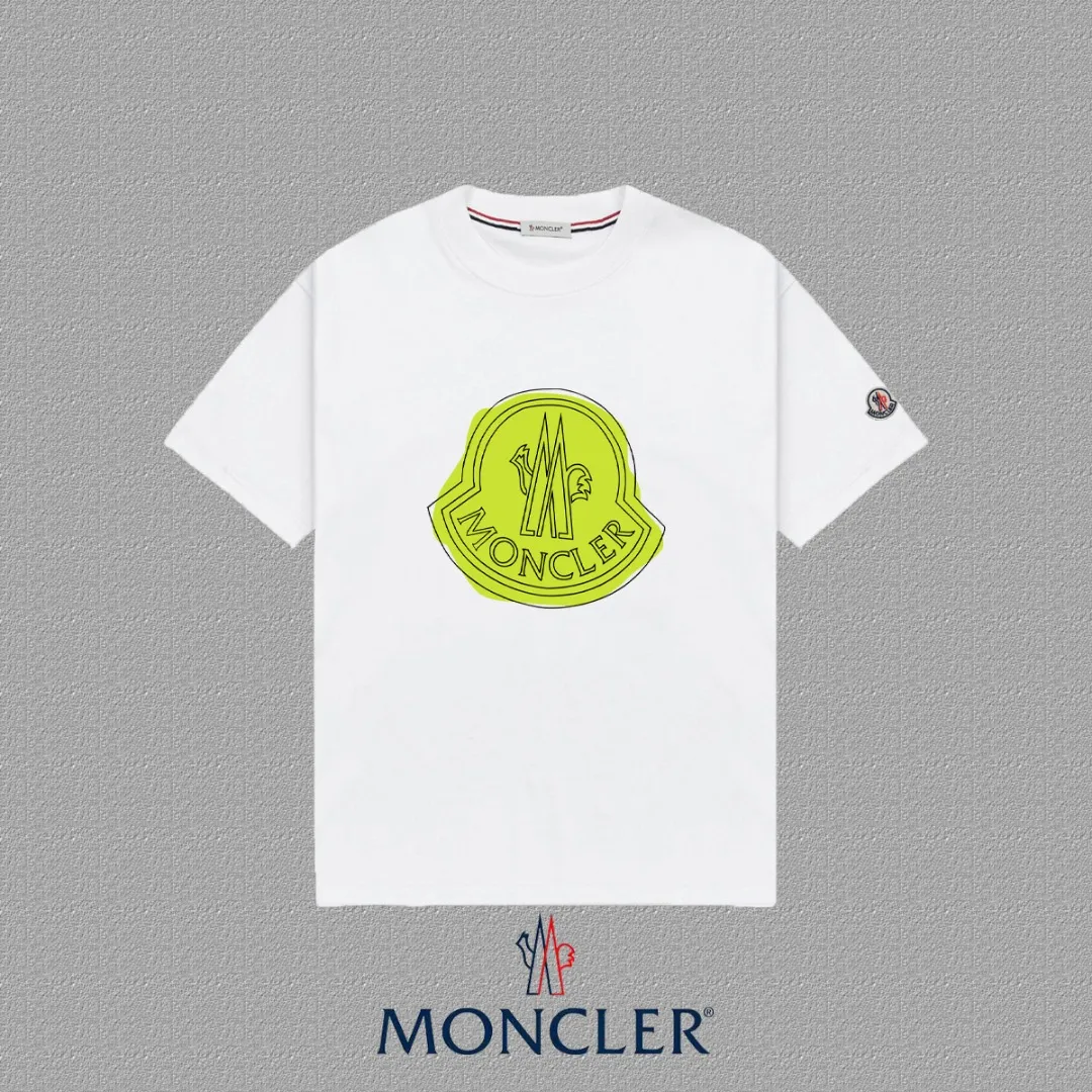 P140 [MONCLER] 2025FW short-sleeved T-shirt, LOGO printing, high-end 26s double yarn 300g fabric, heavy fabric, custom stretcher rib, same vat and dye, three standard complete, same style for men and women, color: black, white, size: S M L XL 2XL