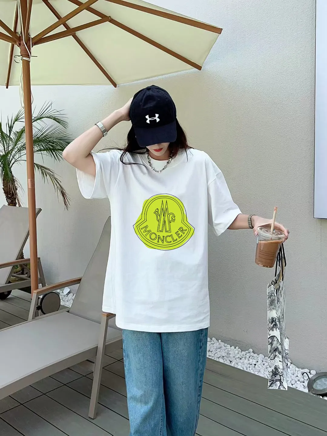 P140 [MONCLER] 2025FW short-sleeved T-shirt, LOGO printing, high-end 26s double yarn 300g fabric, heavy fabric, custom stretcher rib, same vat and dye, three standard complete, same style for men and women, color: black, white, size: S M L XL 2XL