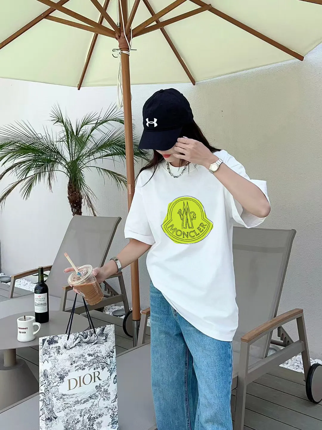 P140 [MONCLER] 2025FW short-sleeved T-shirt, LOGO printing, high-end 26s double yarn 300g fabric, heavy fabric, custom stretcher rib, same vat and dye, three standard complete, same style for men and women, color: black, white, size: S M L XL 2XL