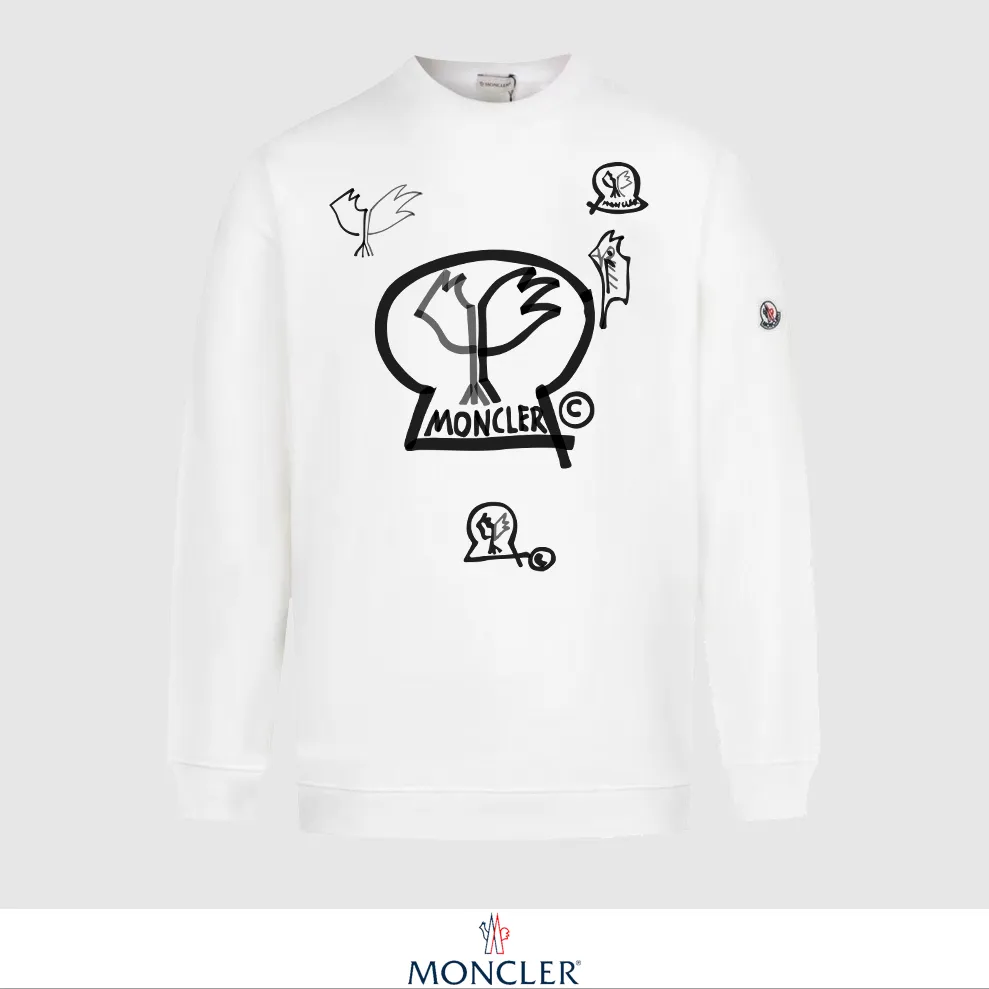 P240 Recommend the most popular Moncler masked 380g printed terry crew neck sweatshirt. Breathable pure cotton fabric. The texture is very soft and comfortable. No shrinkage, no deformation, no pilling). Original customized accessories. Collar label. Wash mark. Hang tag. Packaging (perfect details). Color: White. Black. Size: XS S M L.