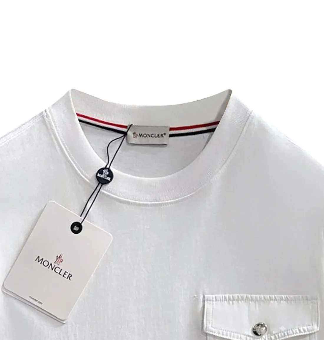 P190 Moncler 2025 new style Woven pocket splicing process Customized small logo Same style for men and women Long-sleeved T-shirt · Customized 280g pure cotton fabric · Custom dyed 32-count double-strand thread · Collar label, hangtag, main mark and three complete labels Color: White Size: XS S M L