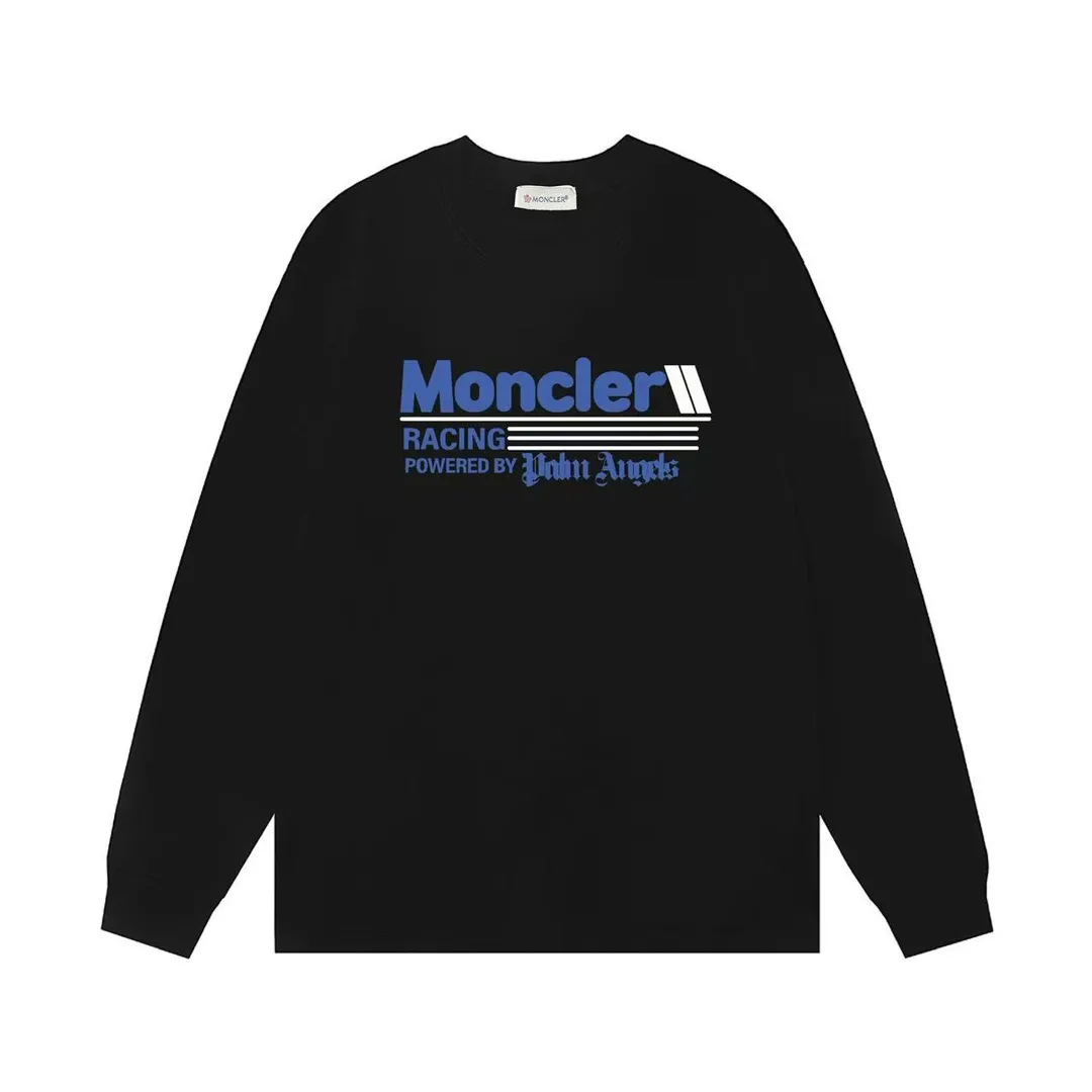 P170 Moncler 2025 new model, blue letter logo, same style for men and women, long-sleeved T-shirt ·Customized 300g 100% double yarn pure cotton fabric ·Dyeing 32 count double-strand thread ·Collar label, hangtag, main mark and three labels complete Color: Black Size: XS S M L