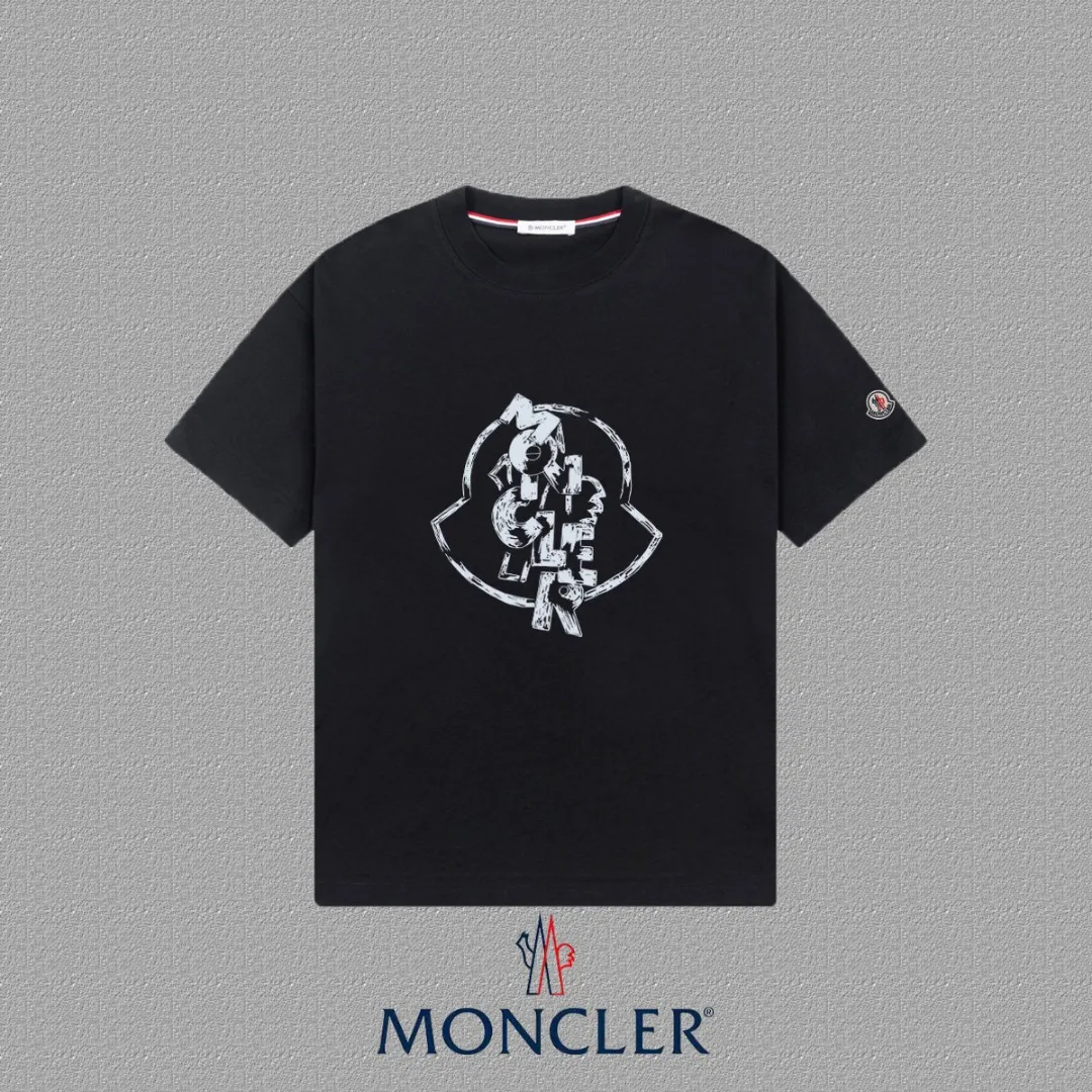 P140 [MONCLER] 2025FW short-sleeved T-shirt, badge + LOGO printing, high-end 26s double yarn 300g fabric, heavy fabric, custom stretch rib, same cylinder and dye, complete three standards, same style for men and women, color: black, white, size: S M L XL 2XL