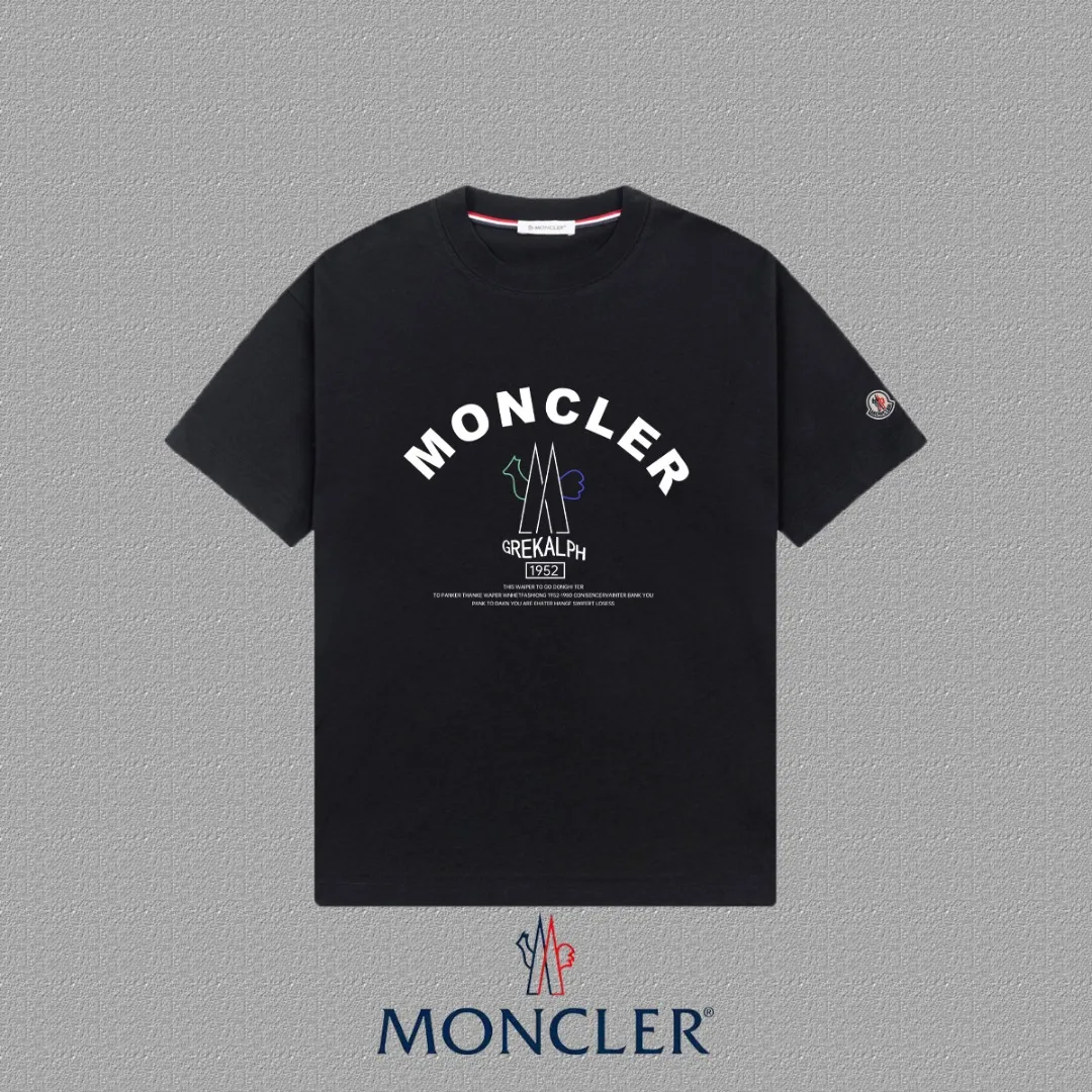 P140 🔥 [MONCLER] 2025FW short-sleeved T-shirt with badge + LOGO, high-end 26s double yarn 300g fabric, heavy fabric, custom stretcher rib, same vat and dye, complete three standards, same style for men and women, color: black, white, size: S M L XL 2XL