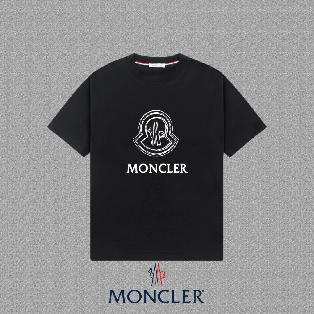 P140 [MONCLER] 2025FW short-sleeved T-shirt, LOGO printing, high-end 26s double yarn 300g fabric, heavy fabric, custom stretcher rib, same vat and dye, three standard complete, same style for men and women, color: black, white, size: S M L XL 2XL