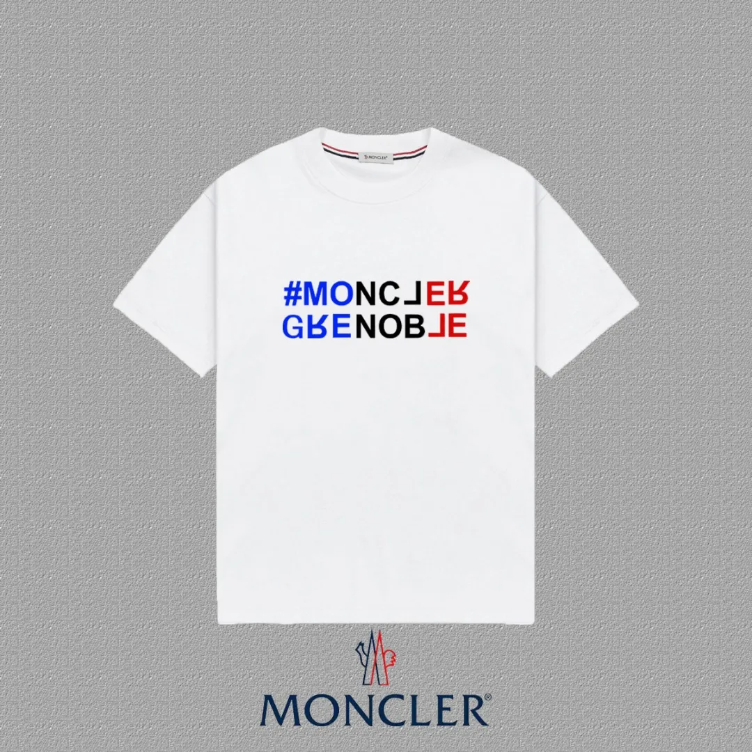 P140 [MONCLER] 2025FW short-sleeved T-shirt, LOGO printing, high-end 26s double yarn 300g fabric, heavy fabric, custom stretcher rib, same vat and dye, three standard complete, same style for men and women, color: black, white, size: S M L XL 2XL