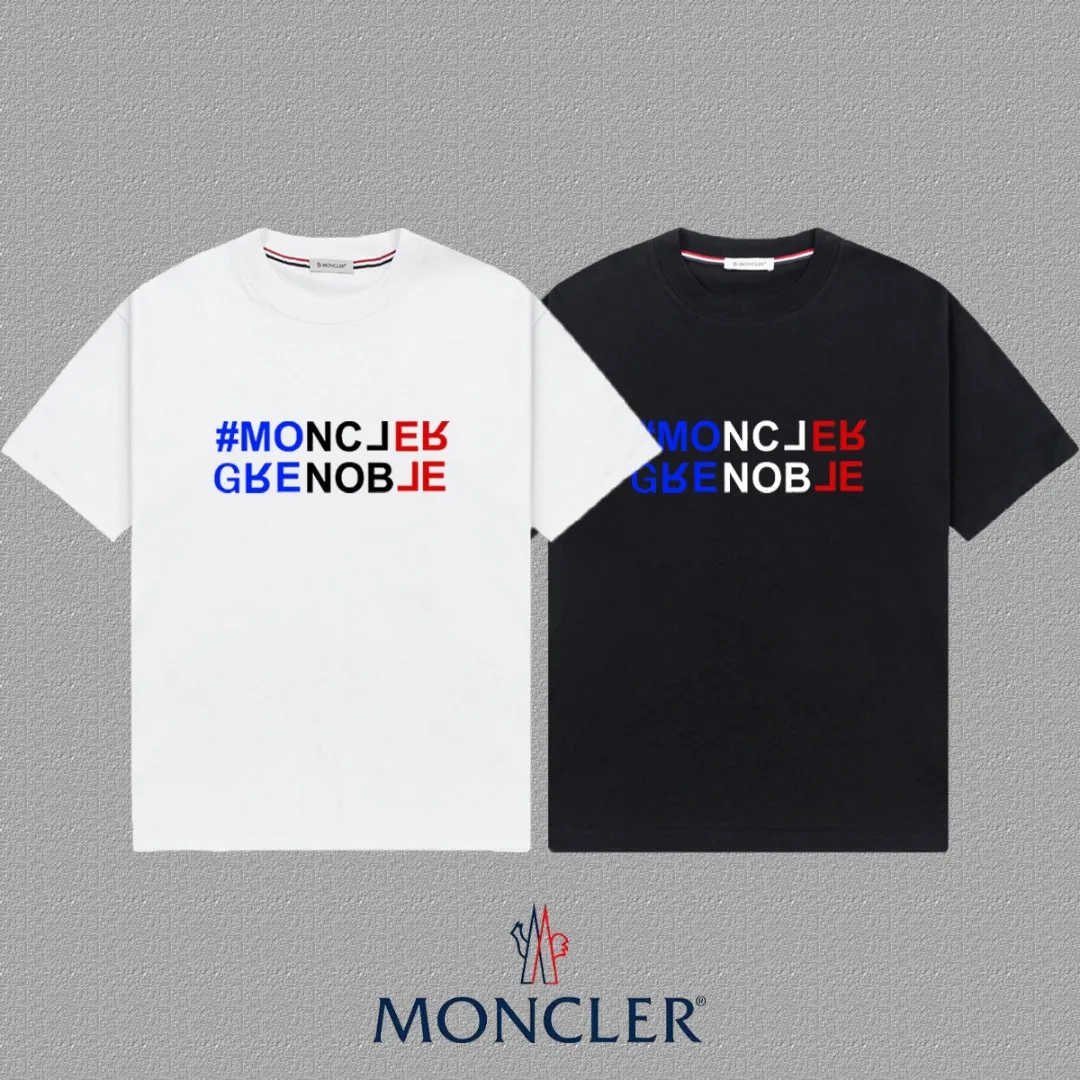 P140 [MONCLER] 2025FW short-sleeved T-shirt, LOGO printing, high-end 26s double yarn 300g fabric, heavy fabric, custom stretcher rib, same vat and dye, three standard complete, same style for men and women, color: black, white, size: S M L XL 2XL