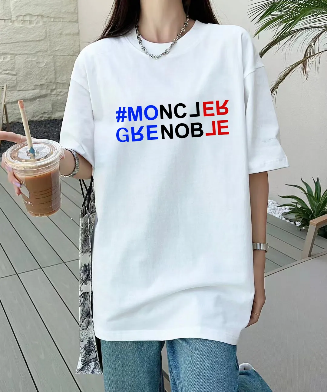 P140 [MONCLER] 2025FW short-sleeved T-shirt, LOGO printing, high-end 26s double yarn 300g fabric, heavy fabric, custom stretcher rib, same vat and dye, three standard complete, same style for men and women, color: black, white, size: S M L XL 2XL