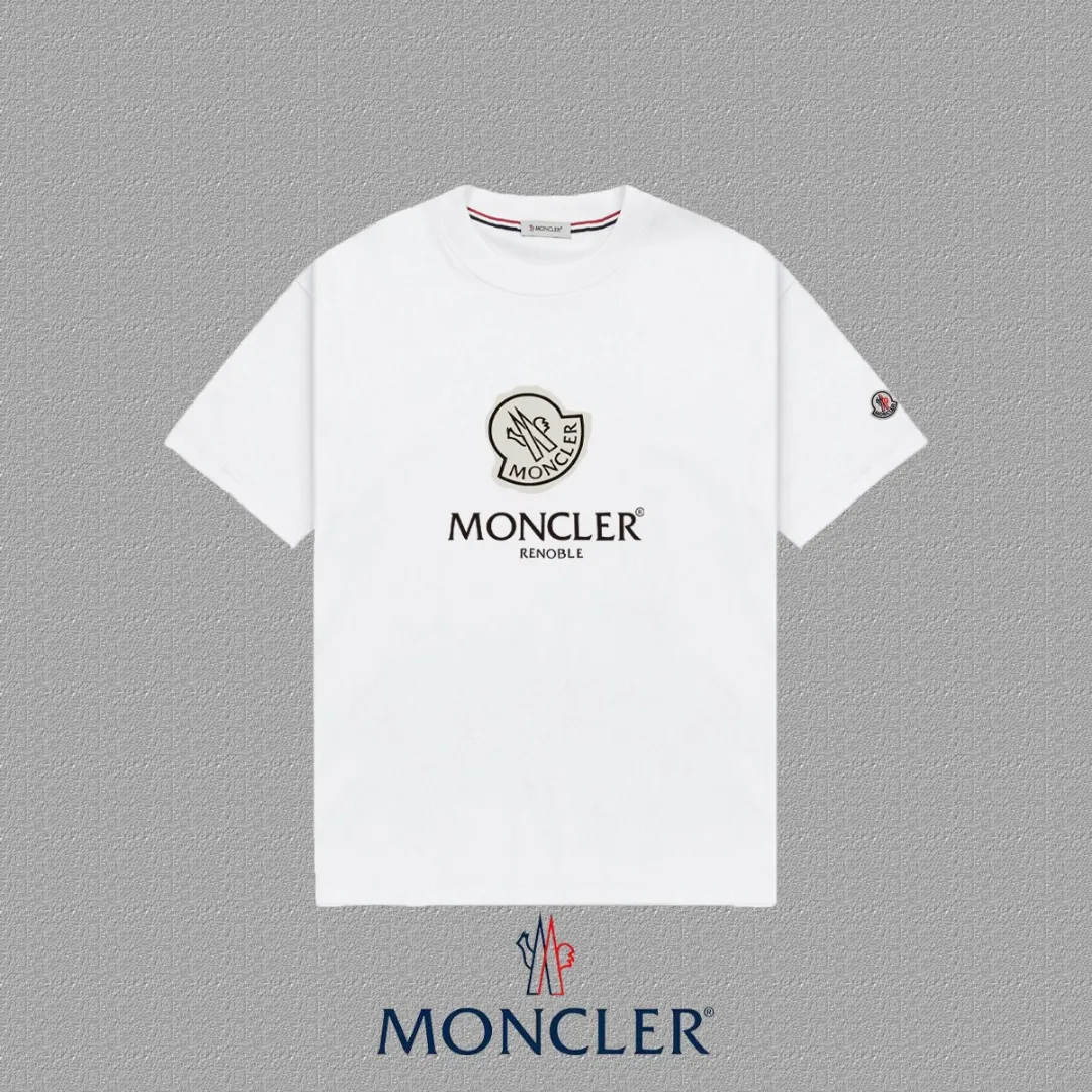 P140 [MONCLER] 2025FW short-sleeved T-shirt with badge + LOGO, high-end 26s double yarn 300g fabric, heavy fabric, custom stretcher rib, same cylinder and dye, complete three standards, same style for men and women, color: black, white, size: S M L XL 2XL