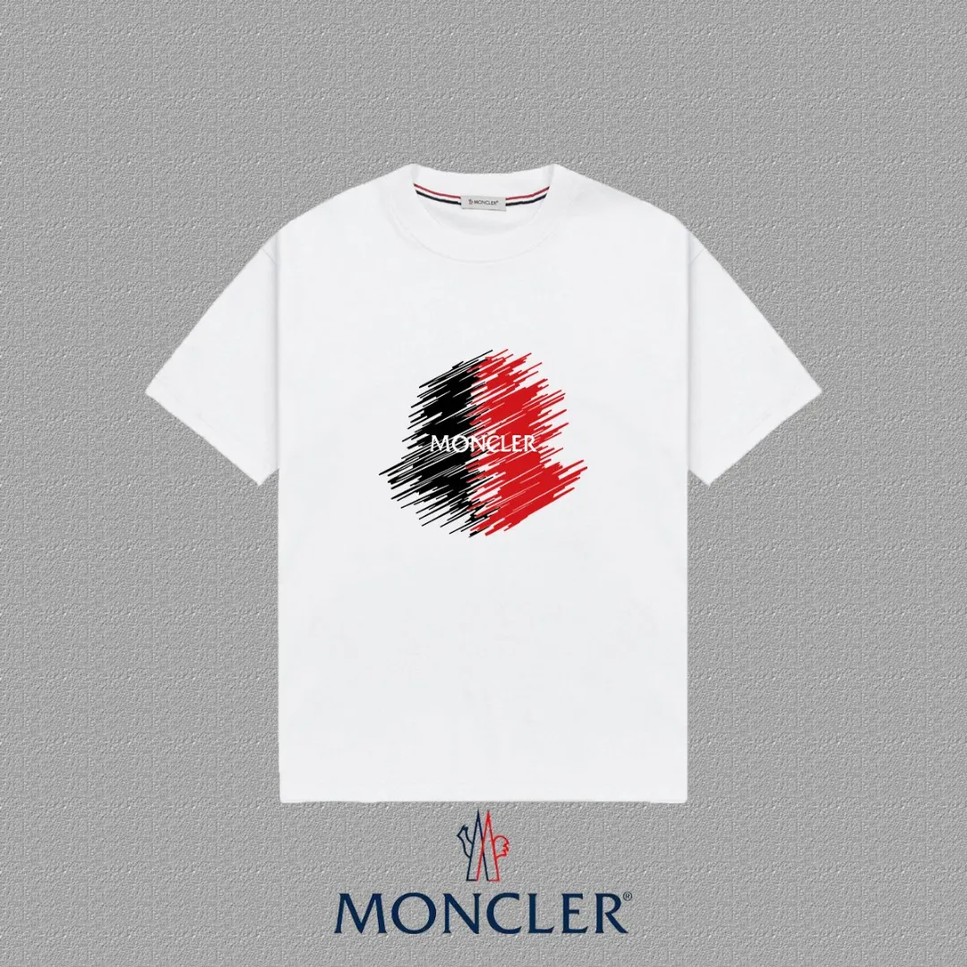 P140 [MONCLER] 2025FW short-sleeved T-shirt, LOGO printing, high-end 26s double yarn 300g fabric, heavy fabric, custom stretcher rib, same vat and dye, three standard complete, same style for men and women, color: black, white, size: S M L XL 2XL