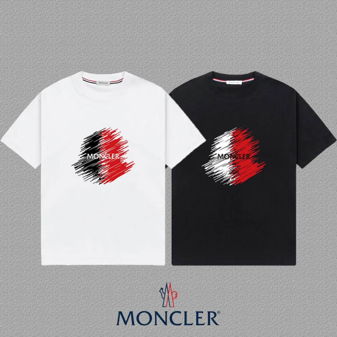 P140 [MONCLER] 2025FW short-sleeved T-shirt, LOGO printing, high-end 26s double yarn 300g fabric, heavy fabric, custom stretcher rib, same vat and dye, three standard complete, same style for men and women, color: black, white, size: S M L XL 2XL