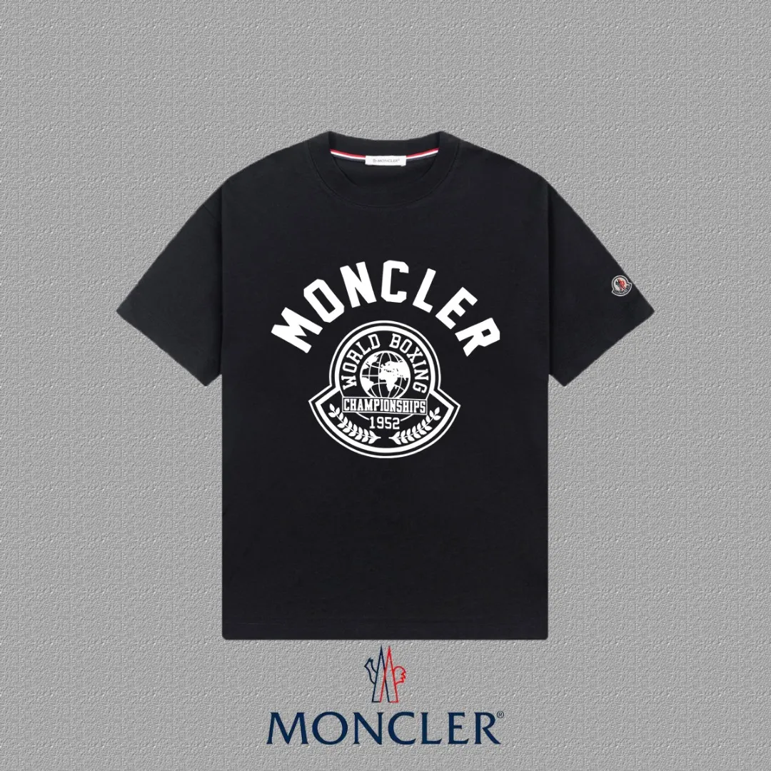 P140 [Moncler] 2025FW short-sleeved T-shirt LOGO printing, high-end 26s double yarn 300g fabric, heavy fabric, custom stretcher rib, same vat and dye, complete three standards, same style for men and women, color: black, white, size: S M L XL 2XL