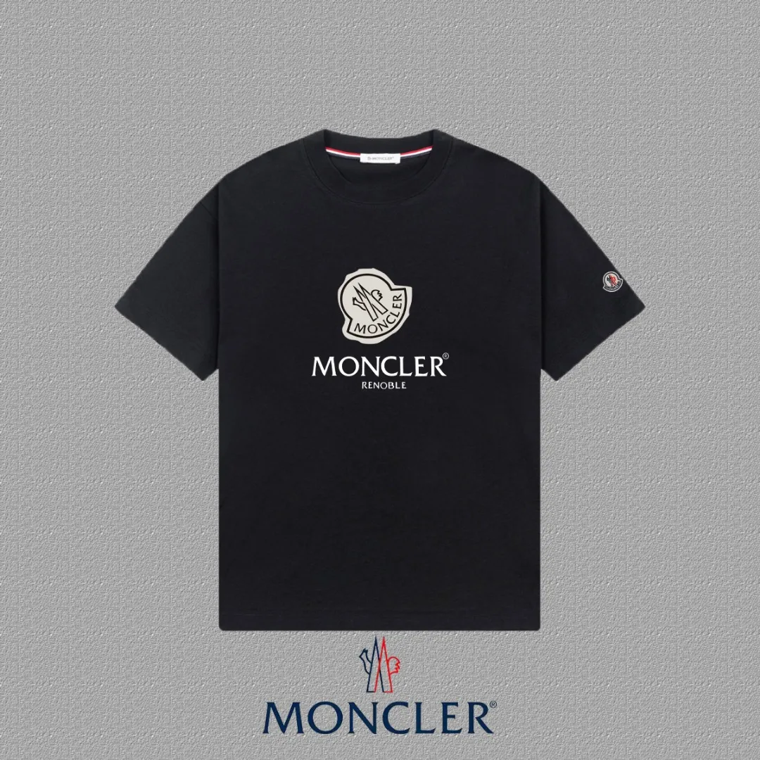 P140 [MONCLER] 2025FW short-sleeved T-shirt with badge + LOGO, high-end 26s double yarn 300g fabric, heavy fabric, custom stretcher rib, same cylinder and dye, complete three standards, same style for men and women, color: black, white, size: S M L XL 2XL