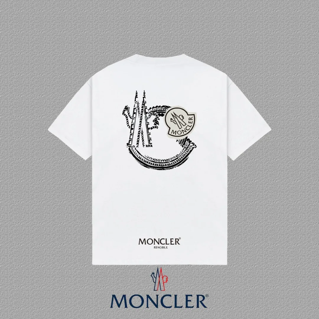 P140 🔥 [MONCLER] 2025FW short-sleeved T-shirt with badge + LOGO, high-end 26s double yarn 300g fabric, heavy fabric, custom stretcher rib, same vat and dye, complete three standards, same style for men and women, color: black, white, size: S M L XL 2XL
