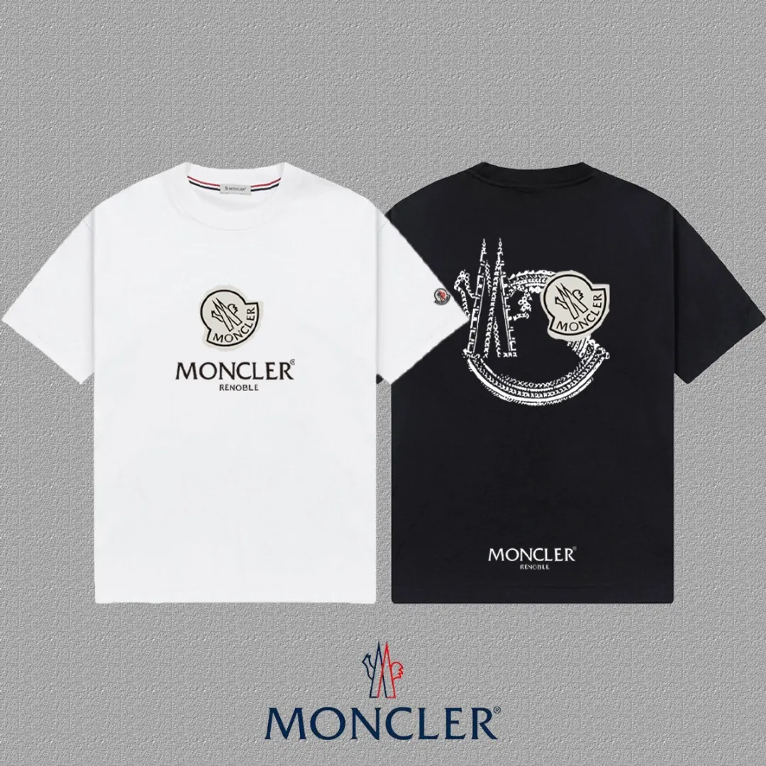 P140 🔥 [MONCLER] 2025FW short-sleeved T-shirt with badge + LOGO, high-end 26s double yarn 300g fabric, heavy fabric, custom stretcher rib, same vat and dye, complete three standards, same style for men and women, color: black, white, size: S M L XL 2XL