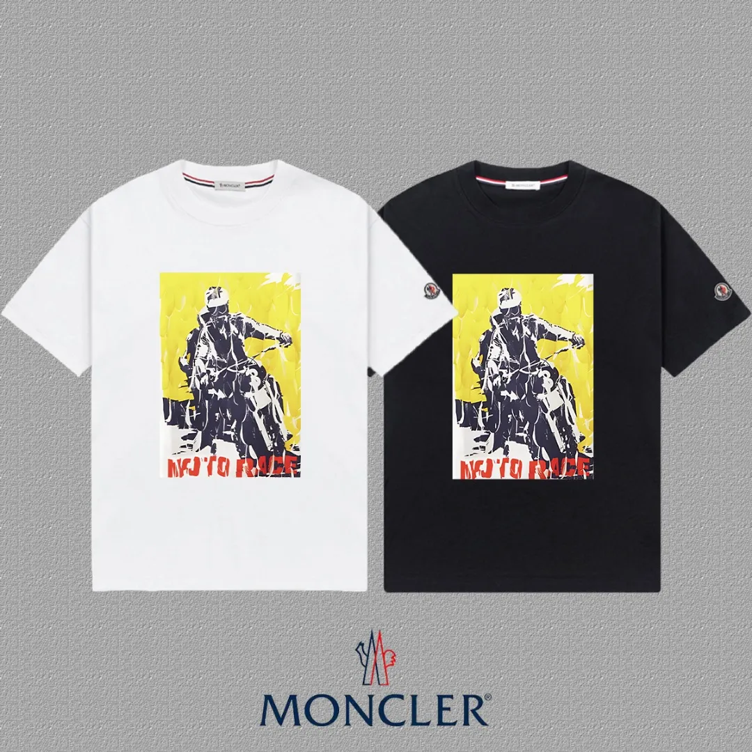 P140 🔥 [MONCLER] 2025FW short-sleeved T-shirt with badge + LOGO, high-end 26s double yarn 300g fabric, heavy fabric, custom stretcher rib, same vat and dye, complete three standards, same style for men and women, color: black, white, size: S M L XL 2XL