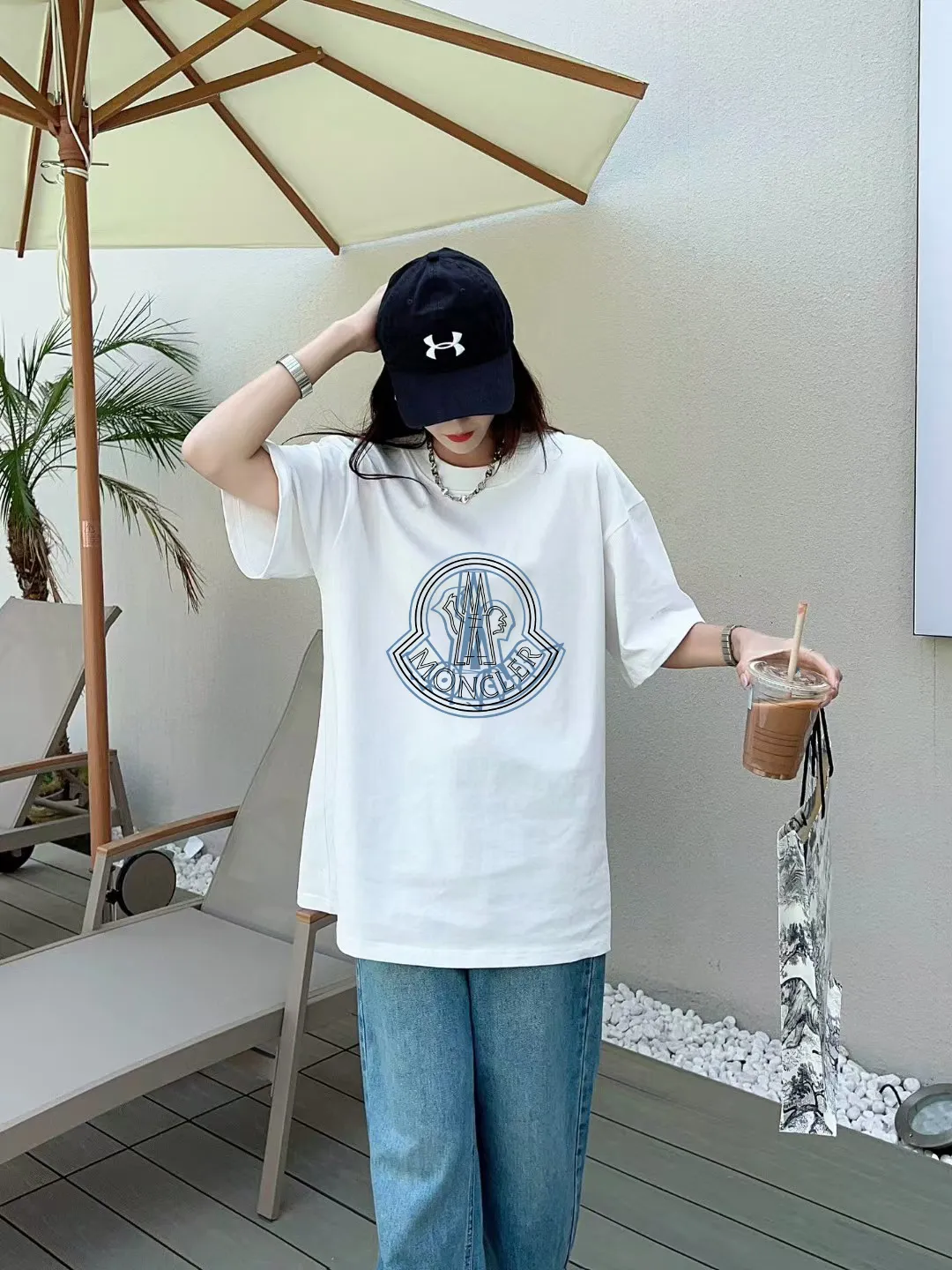 P140 🔥 [MONCLER] 2025FW short-sleeved T-shirt LOGO printing, high-end 26s double yarn 300g fabric, heavy fabric, custom stretcher rib, same vat and dye, complete three standards, same style for men and women, color: black, white, size: S M L XL 2XL