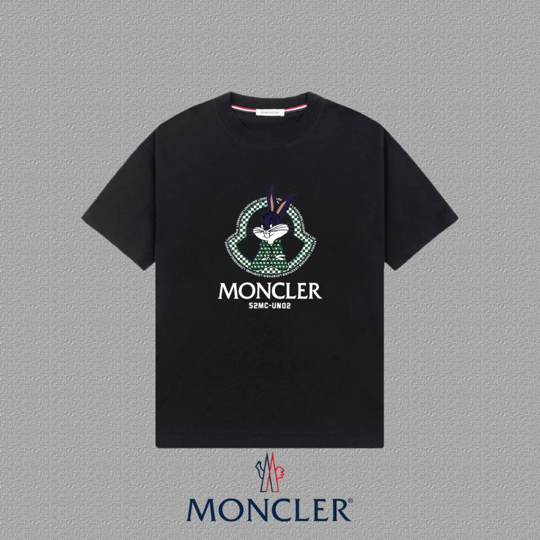 P140 [MONCLER] 2025FW short-sleeved T-shirt, LOGO printing, high-end 26s double yarn 300g fabric, heavy fabric, custom stretcher rib, same vat and dye, three standard complete, same style for men and women, color: black, white, size: S M L XL 2XL