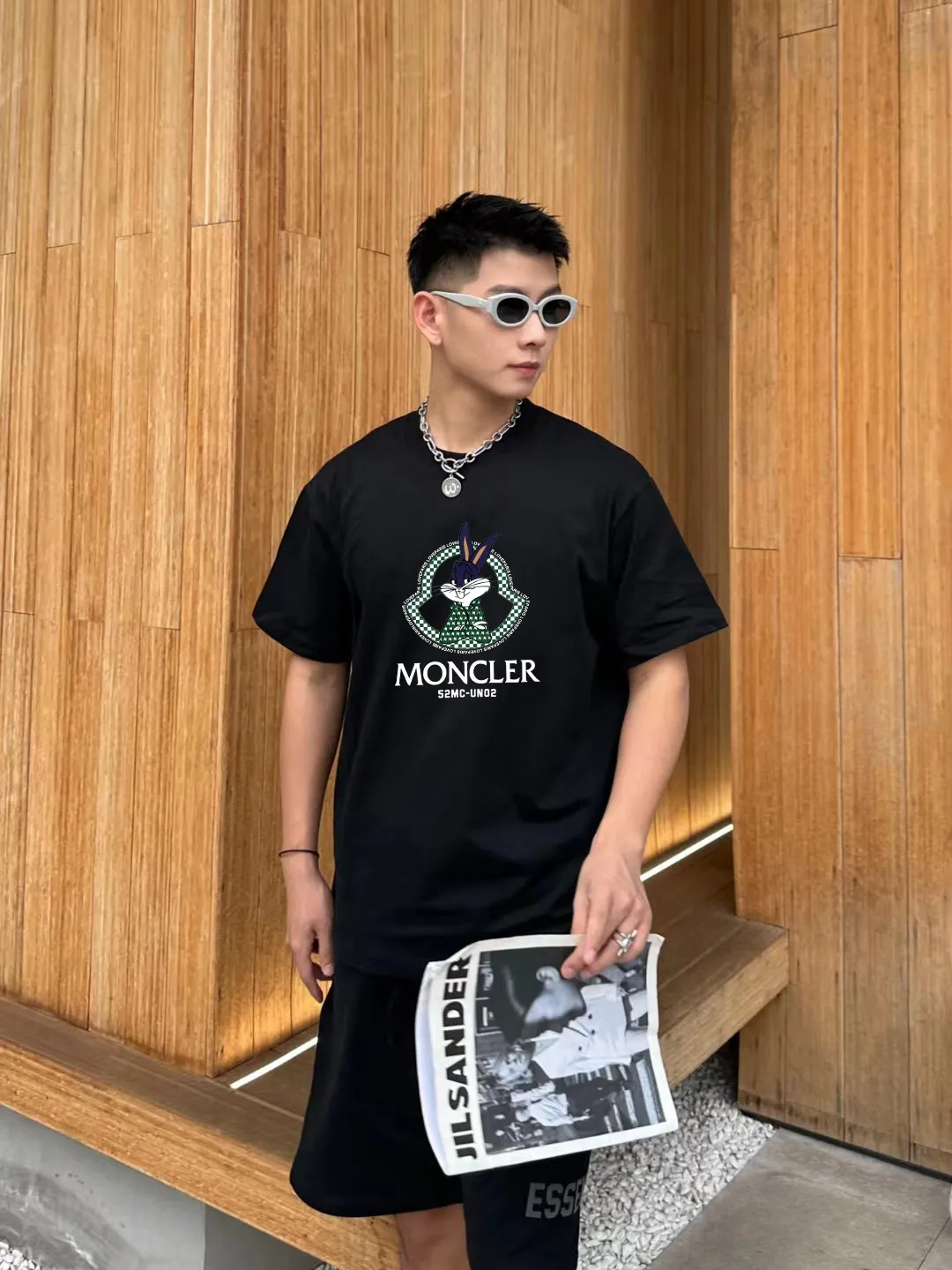 P140 [MONCLER] 2025FW short-sleeved T-shirt, LOGO printing, high-end 26s double yarn 300g fabric, heavy fabric, custom stretcher rib, same vat and dye, three standard complete, same style for men and women, color: black, white, size: S M L XL 2XL