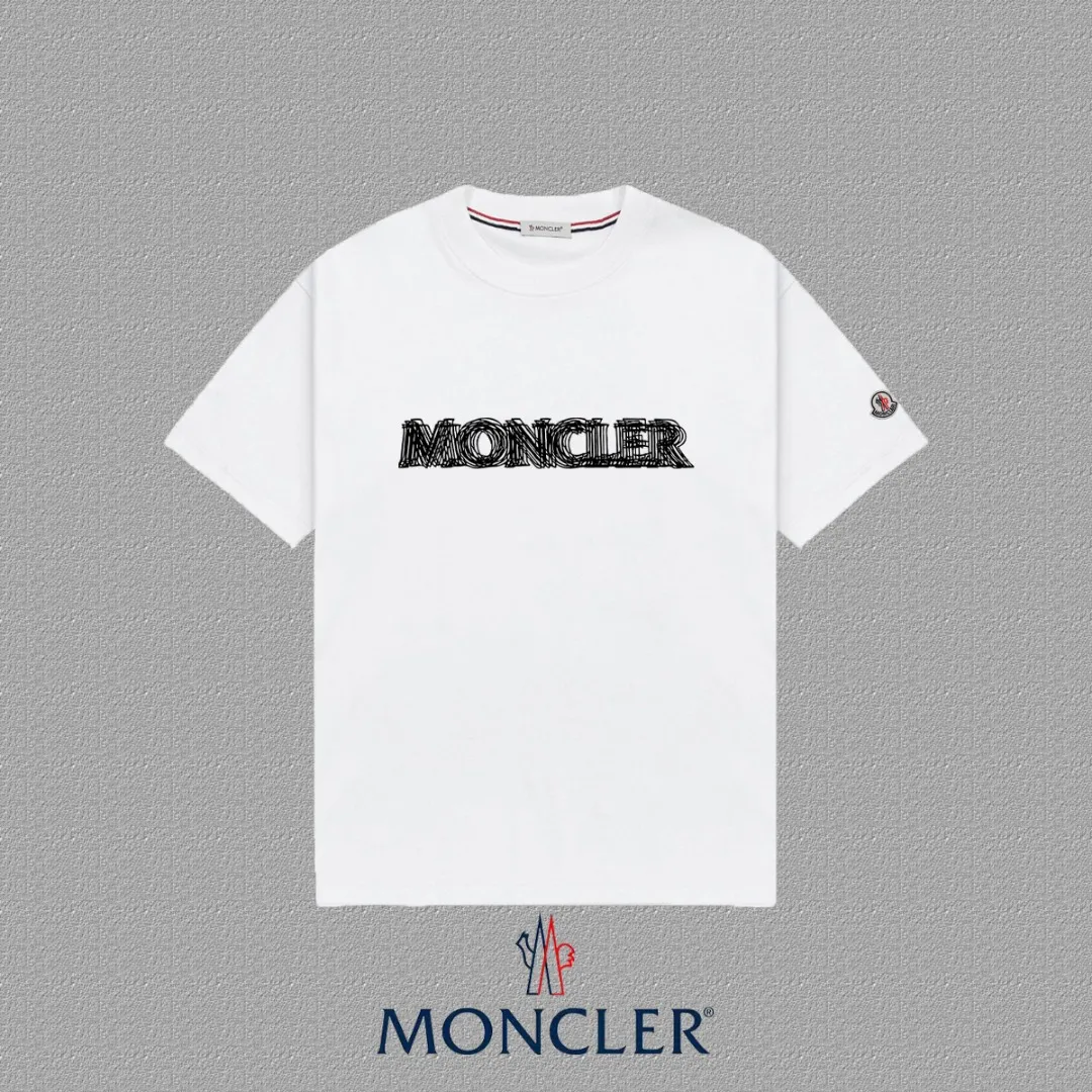 P140 🔥[MONCLER] 2025FW short-sleeved T-shirt emblem + ghost LOGO high-end 26s double yarn 300g fabric heavy fabric custom stretcher rib dyed in the same cylinder complete three standards same style for men and women Color: Black White Size: S M L XL 2XL