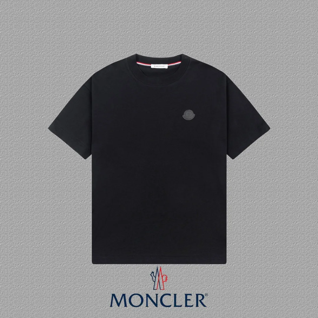 P140 🔥[MONCLER] 2025FW short-sleeved T-shirt, badge LOGO, high-end 26s double yarn 300g fabric, heavy fabric, custom stretcher rib, same vat and dye, complete three standards, same style for men and women, color: black, white, size: S M L XL 2XL