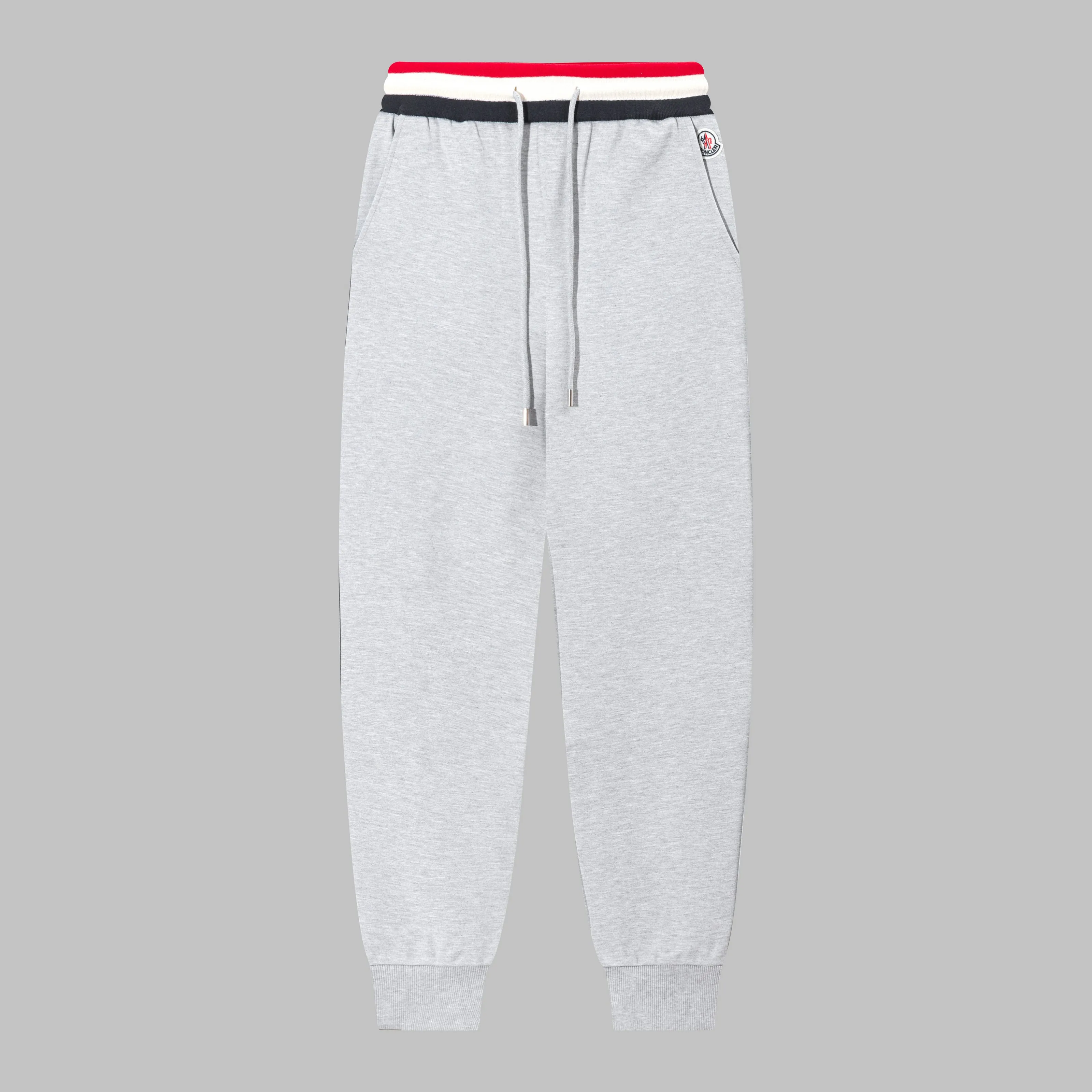 P270 MONCLER/Mask custom fabric suit casual sweatpants, simple arm brand LOGO small badge, threaded trousers technology, official synchronization, high version, high quality, fashionable personality, versatile trend, pure original quality, original fabric, tag, collar label, washed wheat, complete three standards, color: blue, gray. Size: S-2XL