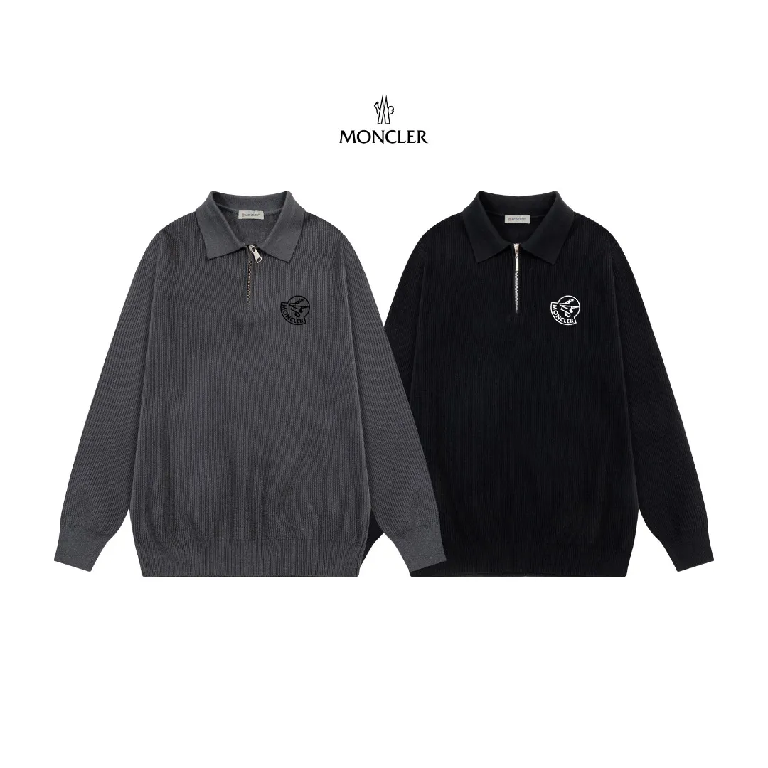 P250 Moncler masked zipper lapel sweater, the latest 2025 casual Polo wool sweater.  The texture is delicate, soft and comfortable, skin-friendly and warm, not easy to deform, simple and high-end style, and the logo on the chest is very exquisite and perfect! The upper body effect is very strong 👍 Color: black, gray Size: S-XL