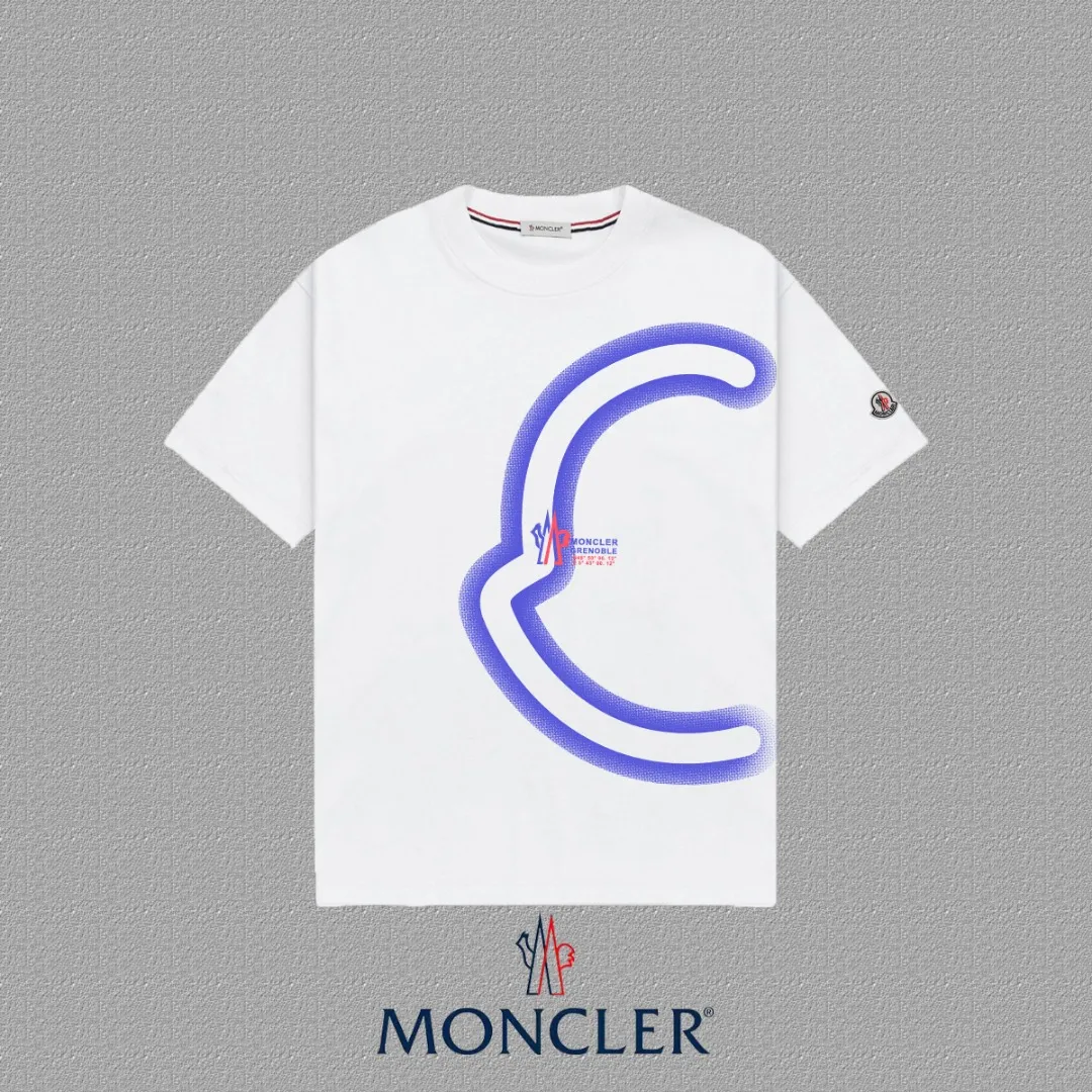 P140 🔥[MONCLER] 2025FW short-sleeved T-shirt, badge + LOGO printing, high-end 26s double yarn 300g fabric, heavy fabric, custom stretcher rib, same vat and dye, complete three standards, same style for men and women, color: black, white, size: S M L XL 2XL