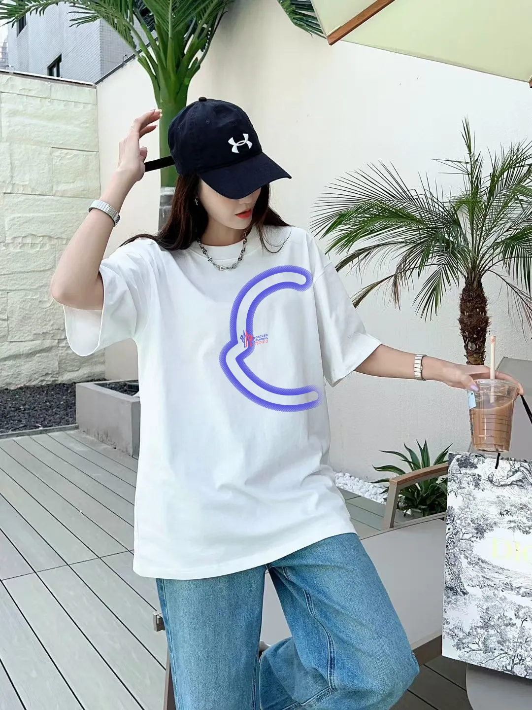 P140 🔥[MONCLER] 2025FW short-sleeved T-shirt, badge + LOGO printing, high-end 26s double yarn 300g fabric, heavy fabric, custom stretcher rib, same vat and dye, complete three standards, same style for men and women, color: black, white, size: S M L XL 2XL
