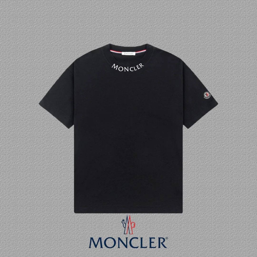 P140 [MONCLER] 2025FW short-sleeved T-shirt, badge + LOGO thick plate, high-end 26s double yarn 300g fabric, heavy fabric, custom stretcher rib, same cylinder and dye, complete three standards, same style for men and women, color: black, white, size: S M L XL 2XL