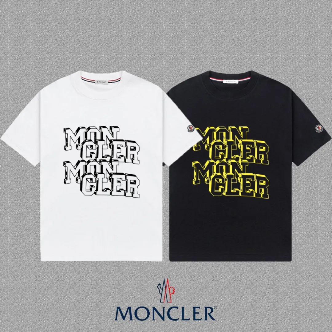 P140 [MONCLER] 2025FW short-sleeved T-shirt, badge + LOGO printing, high-end 26s double yarn 300g fabric, heavy fabric, custom stretch rib, same cylinder and dye, complete three standards, same style for men and women, color: black, white, size: S M L XL 2XL