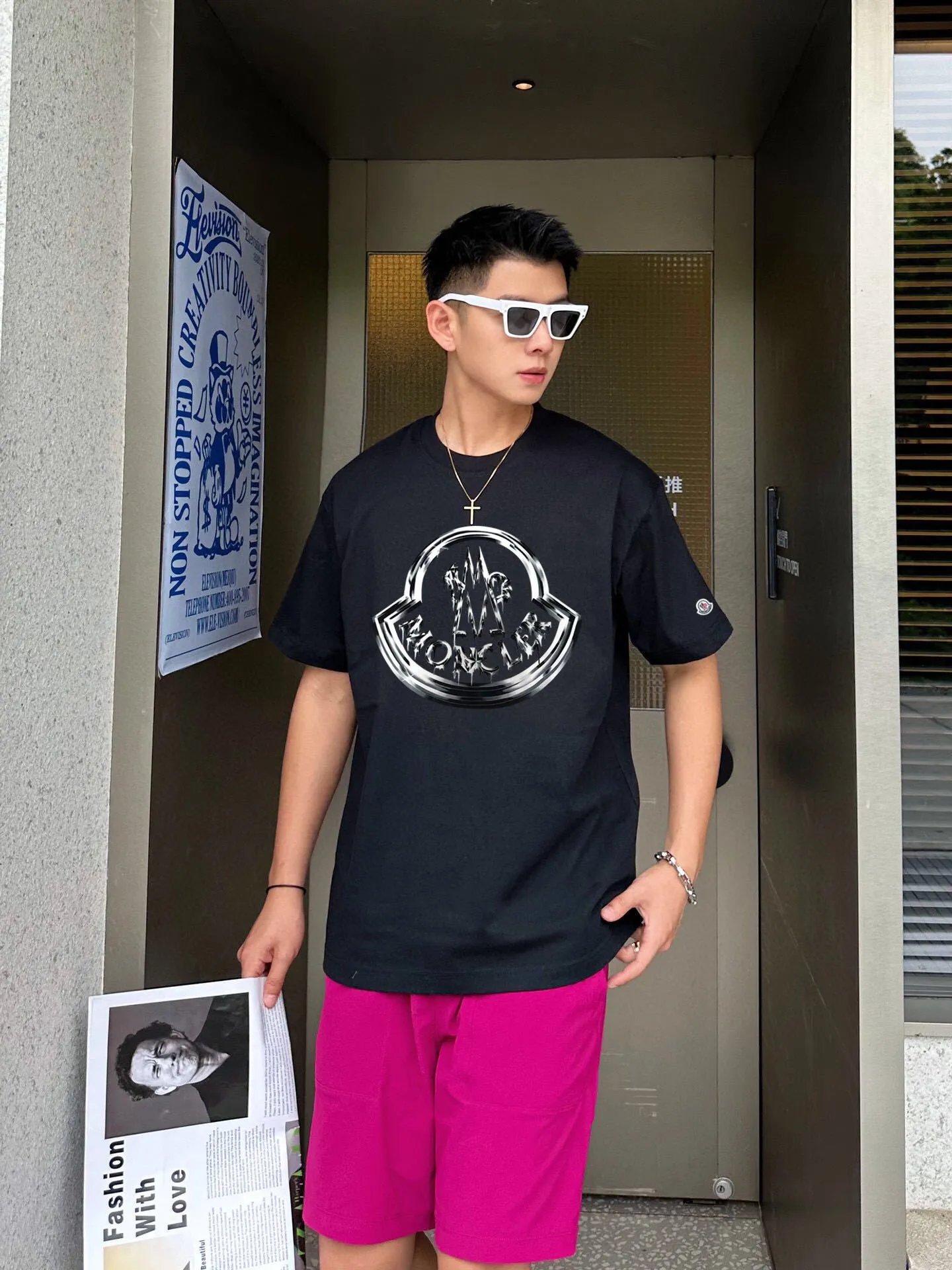 P160 MONCLER official short-sleeved T-shirt 2024 spring and summer new heavy industry printing original imported customized 260g double yarn pure cotton high-density threaded same vat dyed fabric loose version super versatile very suitable for both men and women must-have color: black white code number: S M L XL