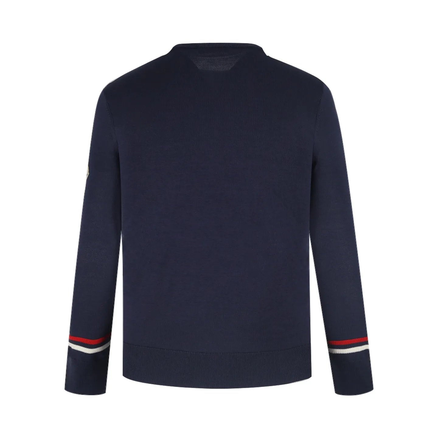 P440 Exclusive supply] Moncler color-blocked sleeve knitted sweater (navy blue). The original version was purchased and developed at 5550. It is spun with custom-dyed navy blue pure cotton yarn, and the computer plate-making positioning jacquard red and white color-blocked cuff pattern. Made with imported 16-needle knitting machine. The small mark on the arm is embroidered with red and blue insignia using a BEHRINGER imported embroidery machine, and then a Czech sewing machine is used to sew the upper body side by side. Size:M/L/XL/XL