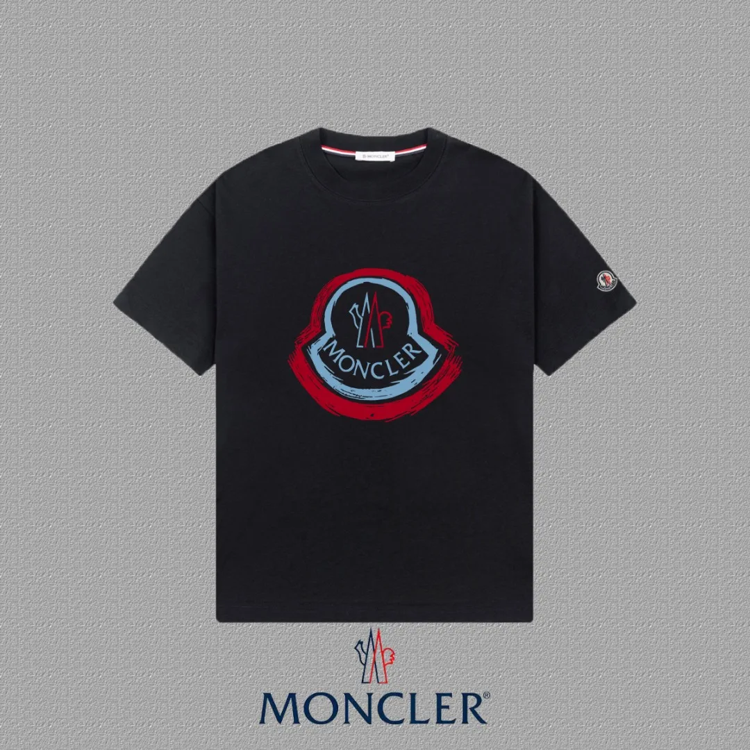 P140 🔥 [MONCLER] 2025FW short-sleeved T-shirt LOGO printing, high-end 26s double yarn 300g fabric, heavy fabric, custom stretcher rib, same vat and dye, complete three standards, same style for men and women, color: black, white, size: S M L XL 2XL