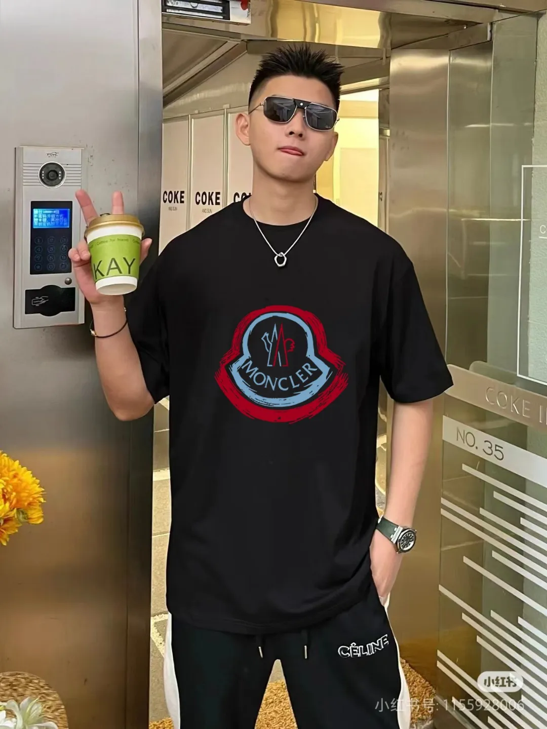 P140 🔥 [MONCLER] 2025FW short-sleeved T-shirt LOGO printing, high-end 26s double yarn 300g fabric, heavy fabric, custom stretcher rib, same vat and dye, complete three standards, same style for men and women, color: black, white, size: S M L XL 2XL