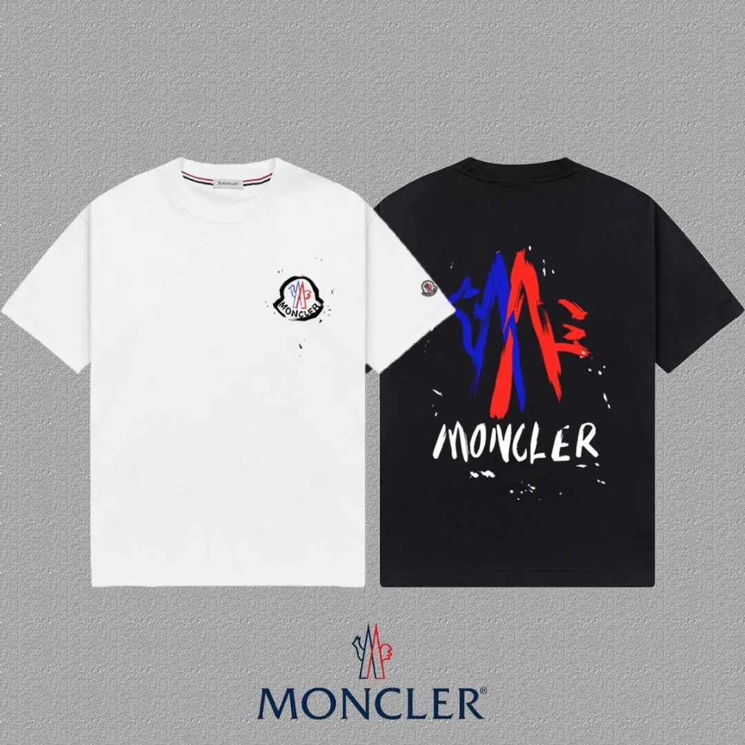 P140 [MONCLER] 2025FW short-sleeved T-shirt with badge + LOGO, high-end 26s double yarn 300g fabric, heavy fabric, custom stretcher rib, same cylinder and dye, complete three standards, same style for men and women, color: black, white, size: S M L XL 2XL