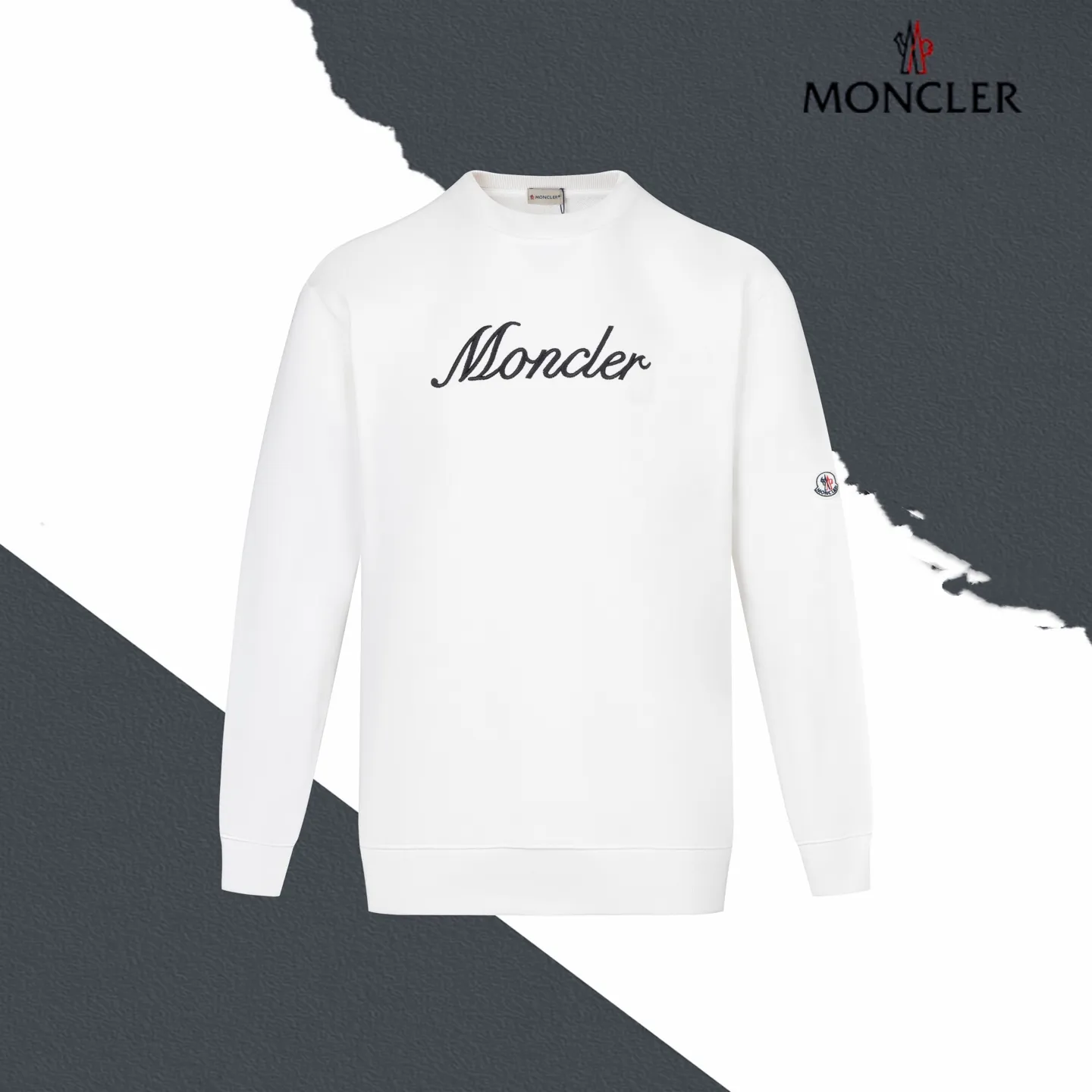 P230 model number SL334 MONCLER masked letter logo embroidered round neck sweatshirt. The fabric is made of 400g terry terry with a high weight of 95 cotton 5 hydrogen fiber 1×1 double yarn. It will not deform after washing for a lifetime. The same style for men and women. Official website details are the same. Full set of packaging. Complete three standards. Moisture-proof paper. Distinguish market currency. Feel free to compare OS version. Can wear up to 200 pounds. The upper body is comfortable and stylish. Color: black and white. Size: S-XL