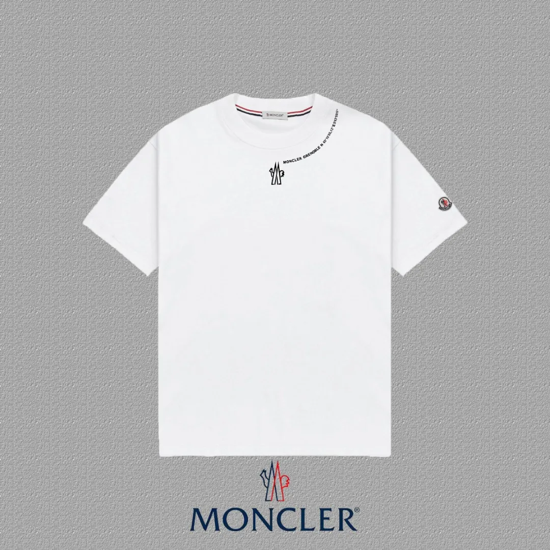 P140 [MONCLER] 2025FW short-sleeved T-shirt, badge + LOGO printing, high-end 26s double yarn 300g fabric, heavy fabric, custom stretch rib, same cylinder and dye, complete three standards, same style for men and women, color: black, white, size: S M L XL 2XL