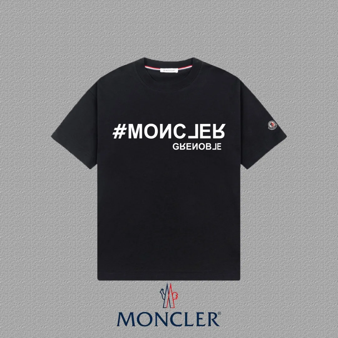 P140 🔥[Moncler] 2025FW short-sleeved T-shirt LOGO printing, high-end 26s double yarn 300g fabric, heavy fabric, custom stretcher rib, same vat and dye, complete three standards, same style for men and women, color: black, white, size: S M L XL 2XL