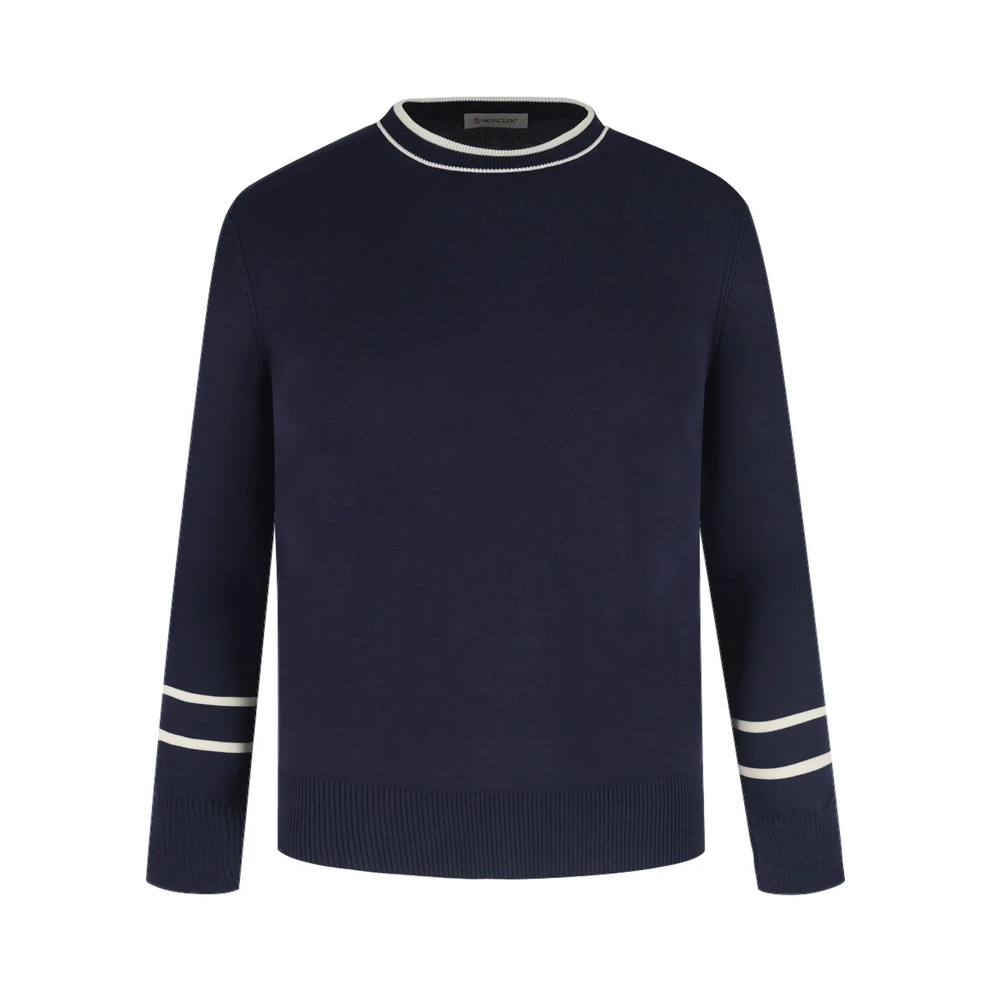 P440 Exclusive supply] Moncler color-blocked collar knitted sweater (navy blue). The original version was purchased and developed at 5550. It is woven with custom-dyed navy blue pure cotton yarn, and the jacquard white and blue color-blocked collar pattern is positioned by computer plate making. Made with imported 16-needle knitting machine. The small mark on the arm is embroidered with red and blue insignia using a BEHRINGER imported embroidery machine, and then a Czech sewing machine is used to sew the upper body side by side. Size:M/L/XL/XXL