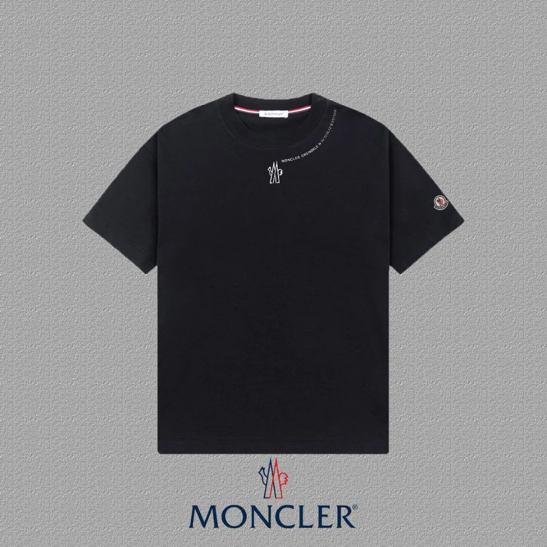 P140 [MONCLER] 2025FW short-sleeved T-shirt, badge + LOGO printing, high-end 26s double yarn 300g fabric, heavy fabric, custom stretch rib, same cylinder and dye, complete three standards, same style for men and women, color: black, white, size: S M L XL 2XL