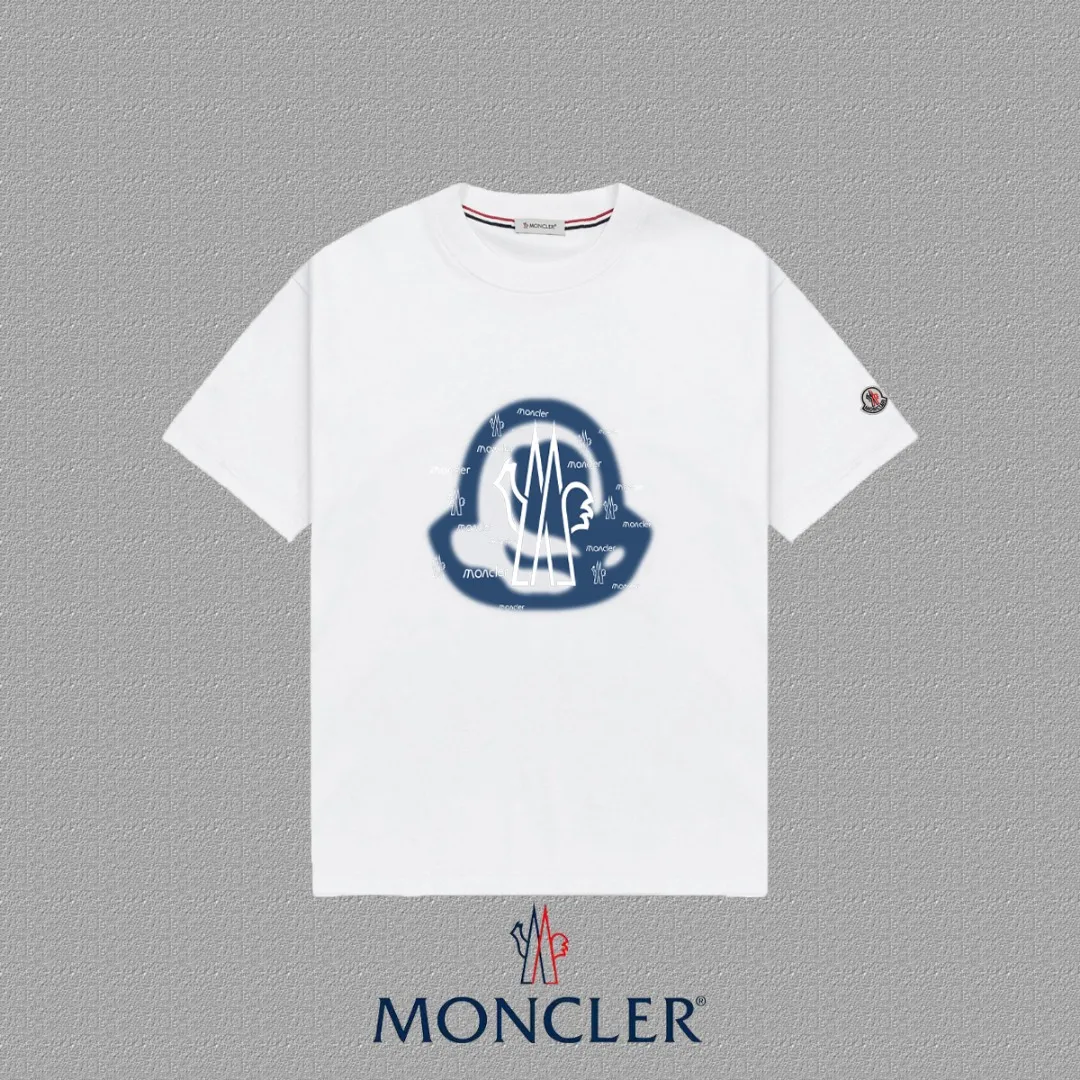 P140 🔥[MONCLER] 2025FW short-sleeved T-shirt, badge + LOGO printing, high-end 26s double yarn 300g fabric, heavy fabric, custom stretcher rib, same vat and dye, complete three standards, same style for men and women, color: black, white, size: S M L XL 2XL