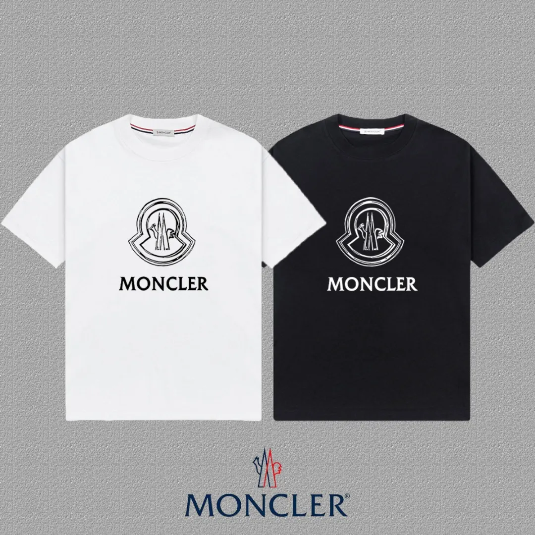 P140 🔥 [MONCLER] 2025FW short-sleeved T-shirt LOGO printing, high-end 26s double yarn 300g fabric, heavy fabric, custom stretcher rib, same vat and dye, complete three standards, same style for men and women, color: black, white, size: S M L XL 2XL