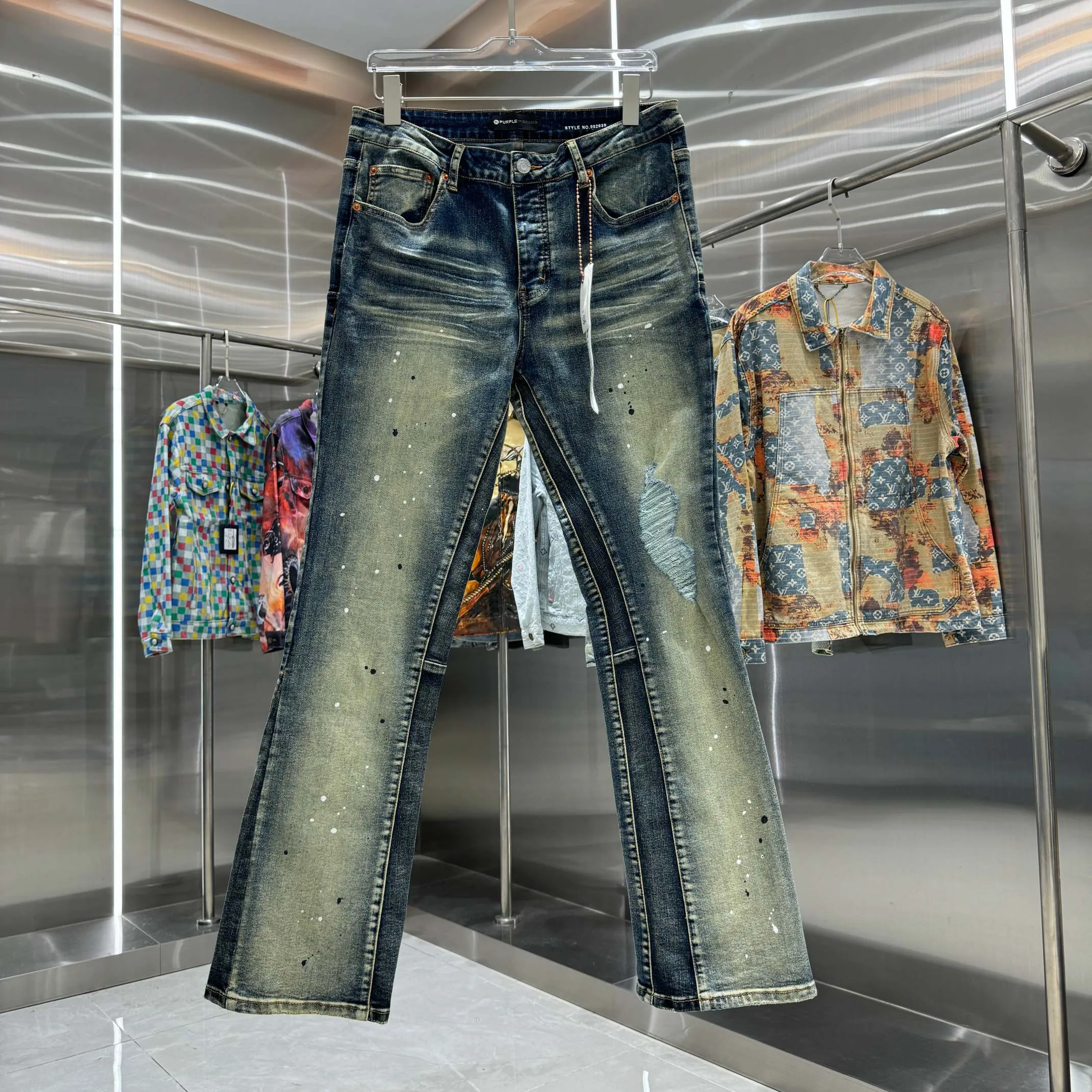 🅿️310 Purple Brand ripped graffiti craft street fashion style micro-flared stretch jeans Color Picture Color Size 30 32 34 36 38