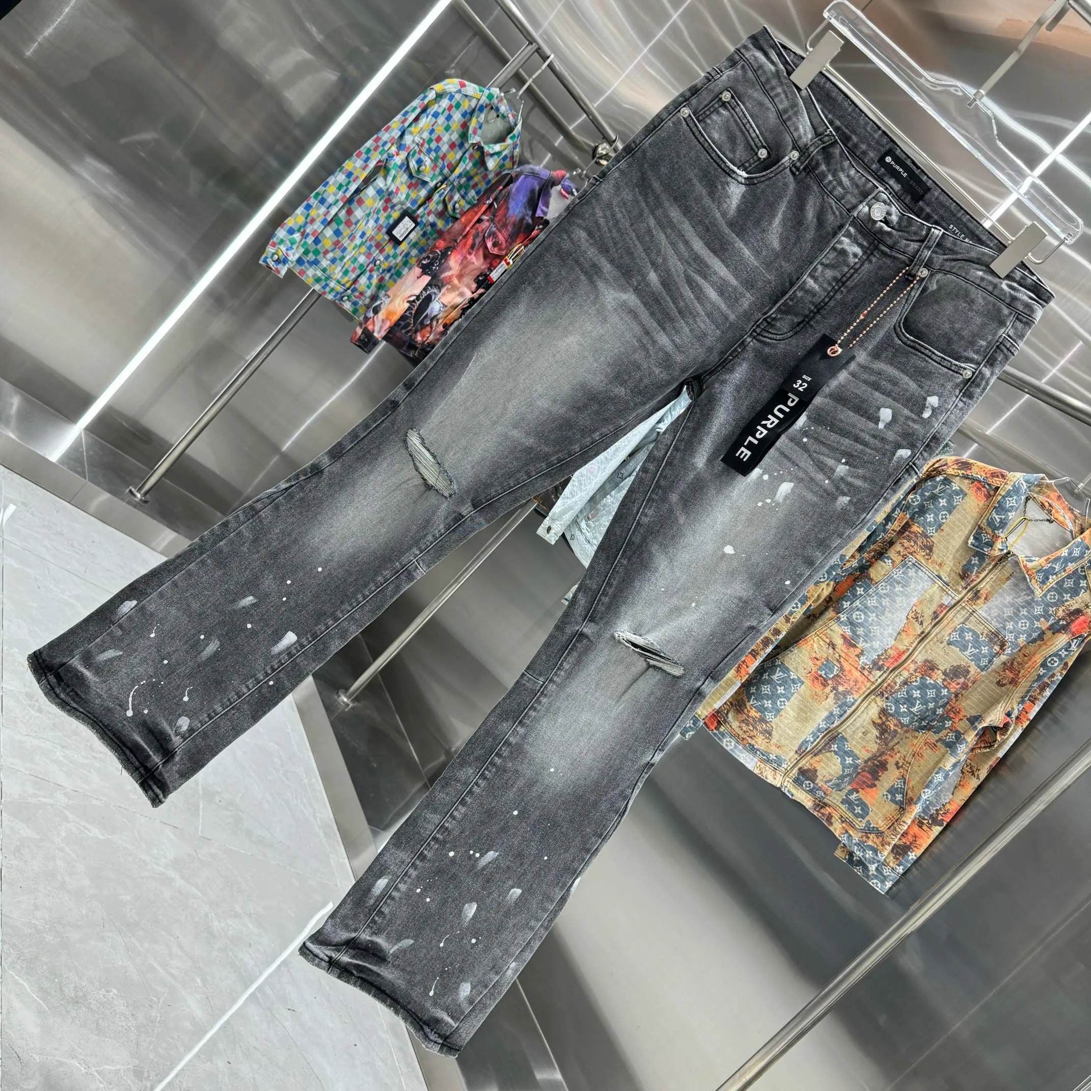🅿️310 Purple Brand ripped graffiti craft street trend style micro-flared stretch jeans Color Black Size 30 32 34 36 38