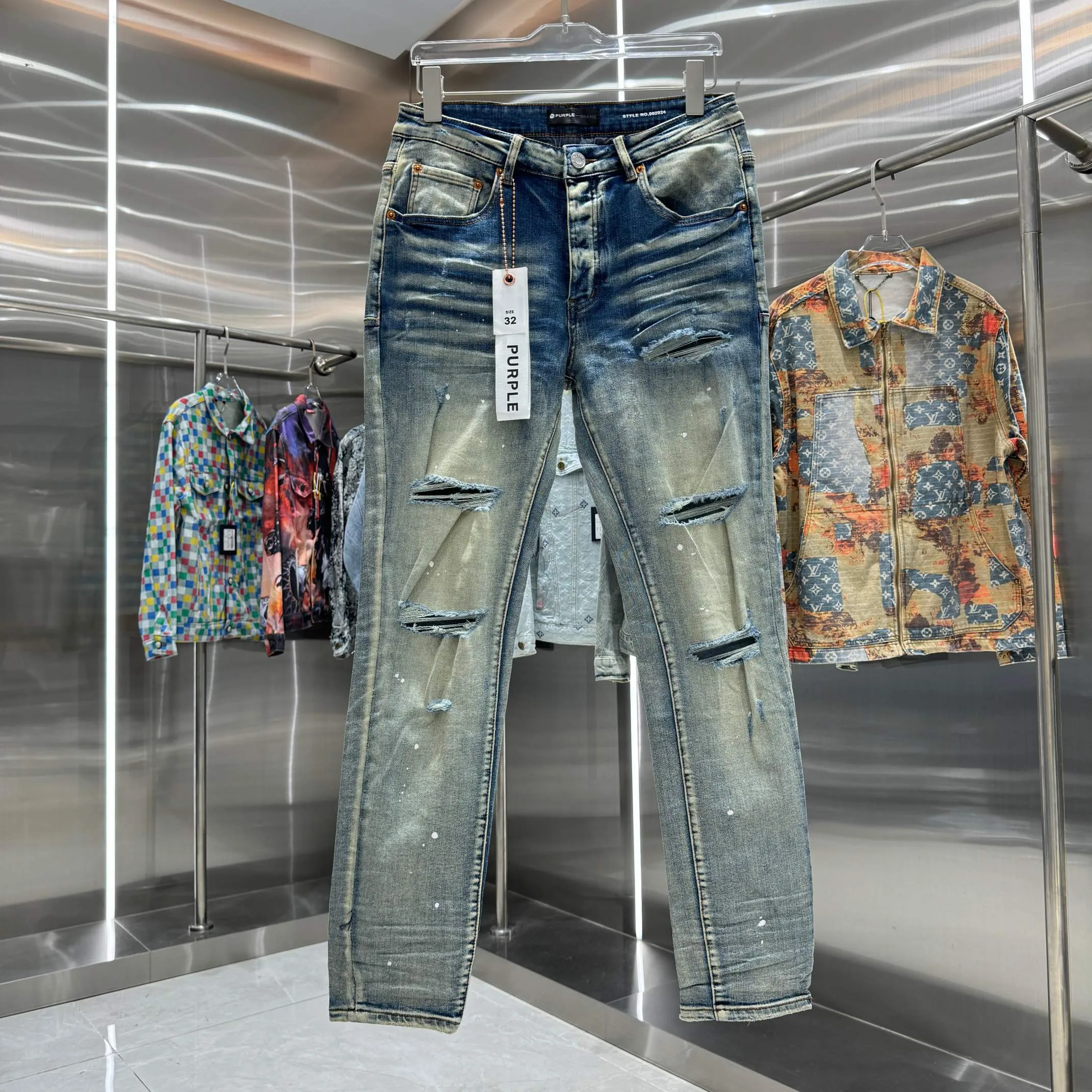 🅿️310 Purple Brand ripped graffiti craft street fashion slim fit stretch jeans color blue code number 30 32 34 36 38