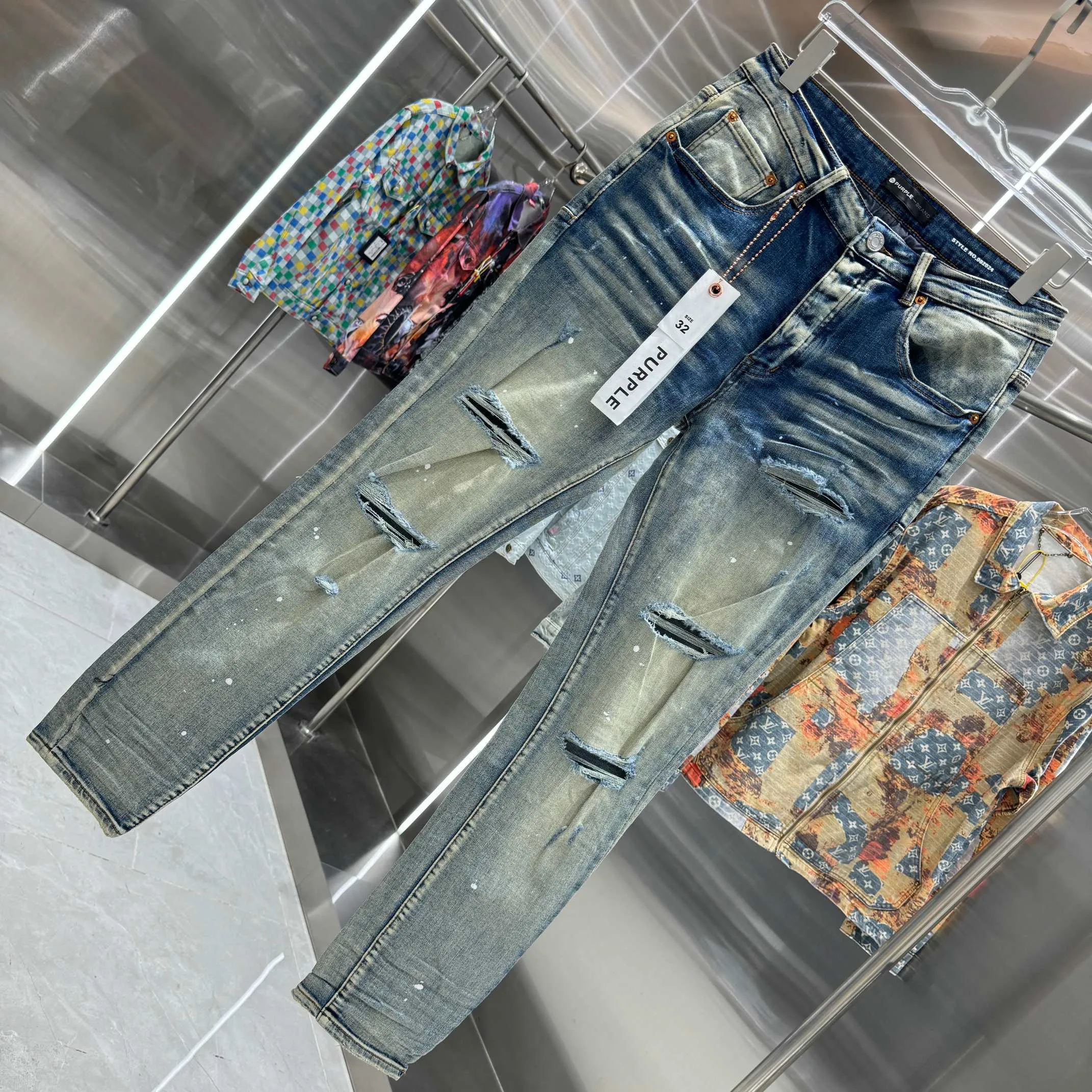 🅿️310 Purple Brand ripped graffiti craft street fashion slim fit stretch jeans color blue code number 30 32 34 36 38