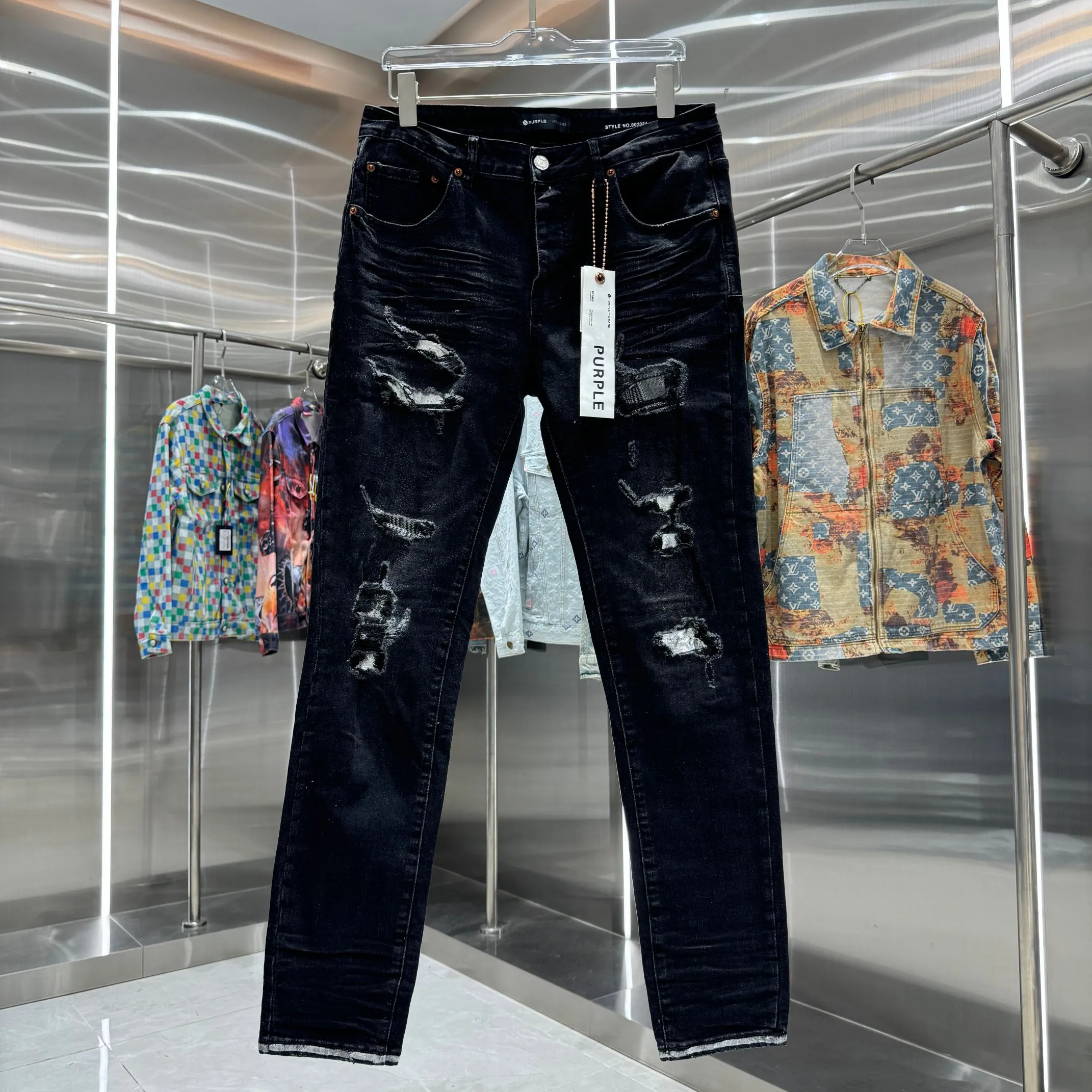 🅿️310 Purple Brand patched hole frayed street fashion slim fit stretch jeans color black code number 30 32 34 36 38